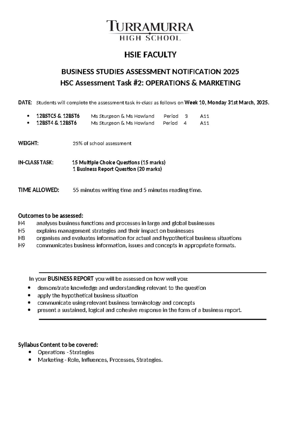 12BST 2025 HSC Business Studies Assessment Notification - Studocu