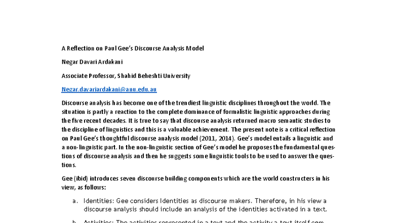 Critical Reflection on Paul Gee's Discourse Analysis Model (2025) - Studocu