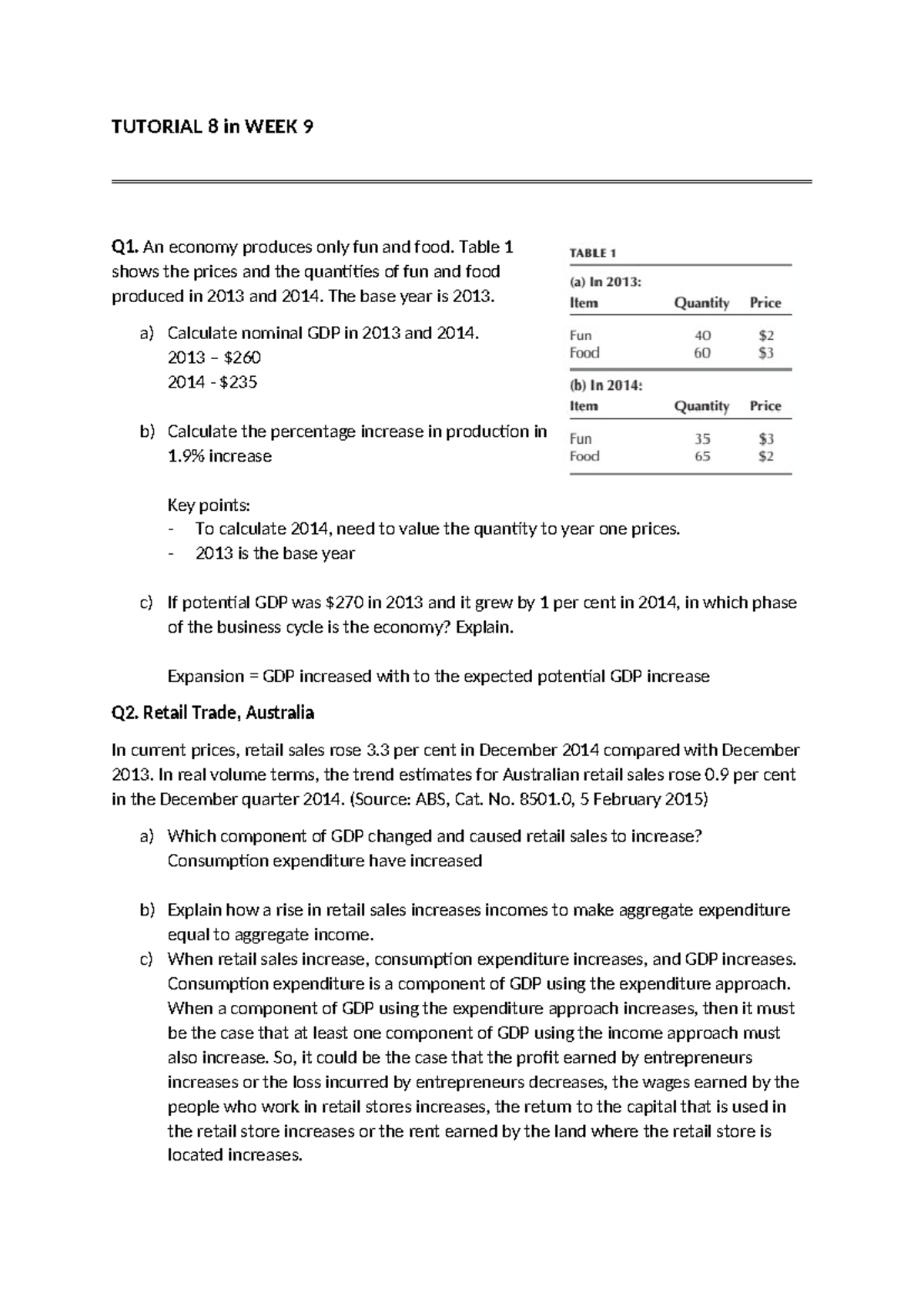 Tutorial 8 - Week 9: GDP Calculations & Economic Analysis Questions ...