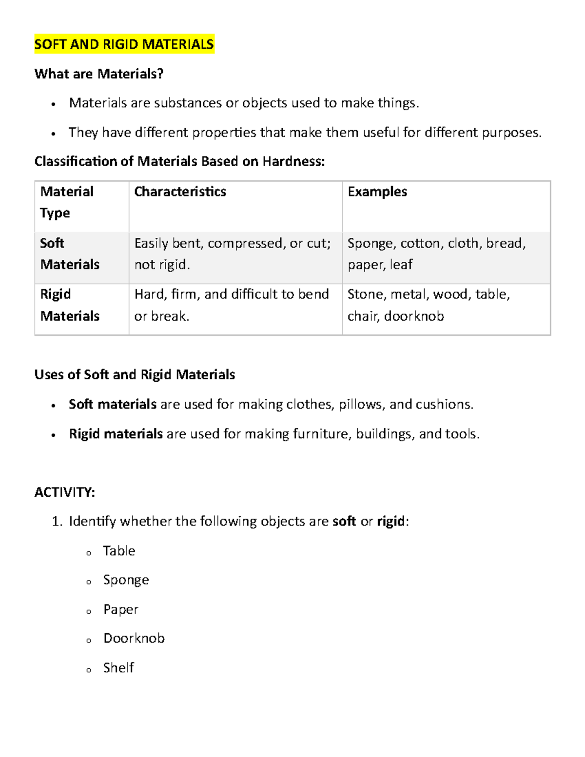 Science 4 - Reviewer: Soft & Rigid Materials, Energy Concepts, and ...