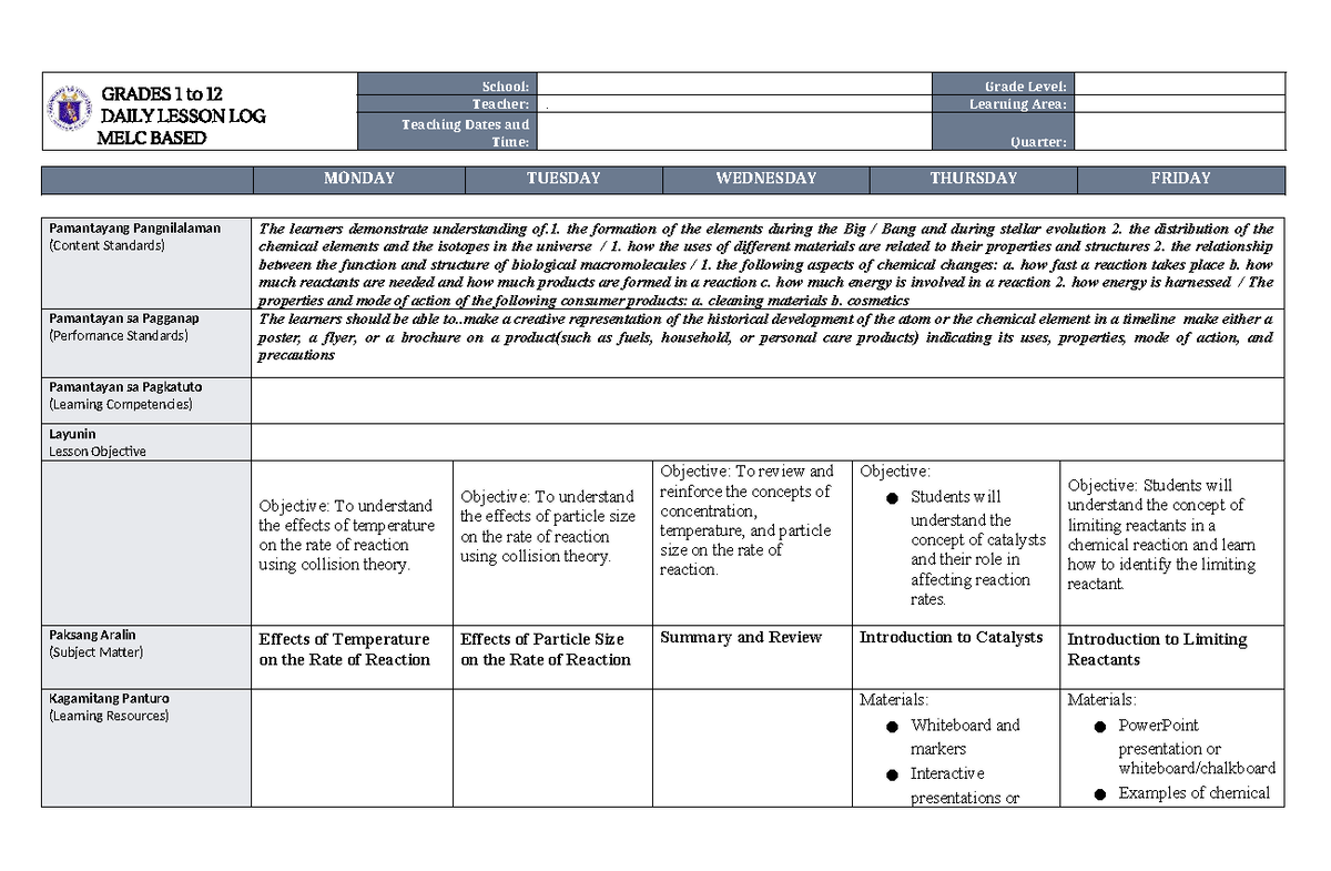 WEEK 6 - Daily Lesson Log for Grades 1-12: Chemical Reactions & Rates ...