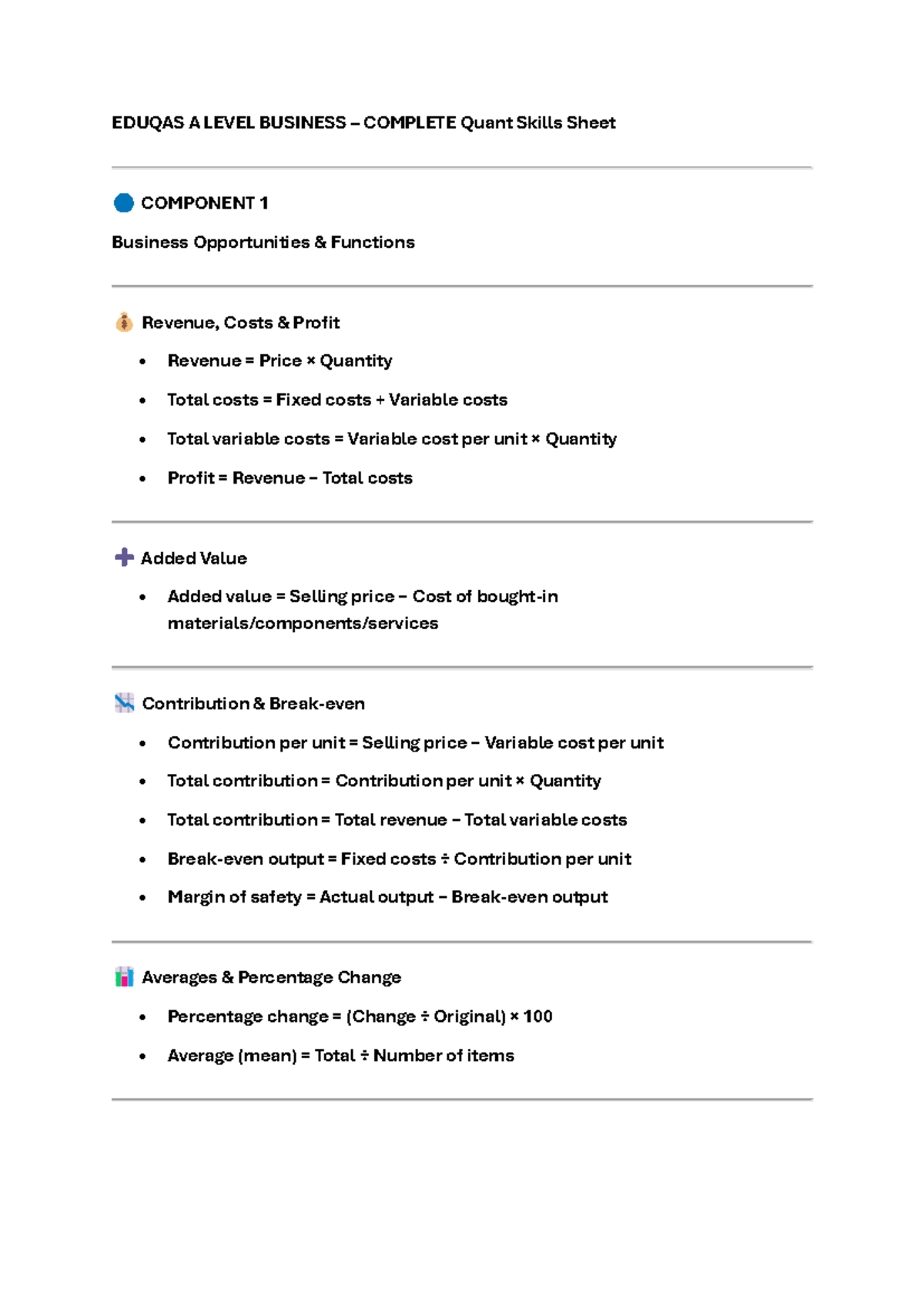 EDUQAS A LEVEL BUSINESS Quantitative Skills & Formulas Guide - Studocu
