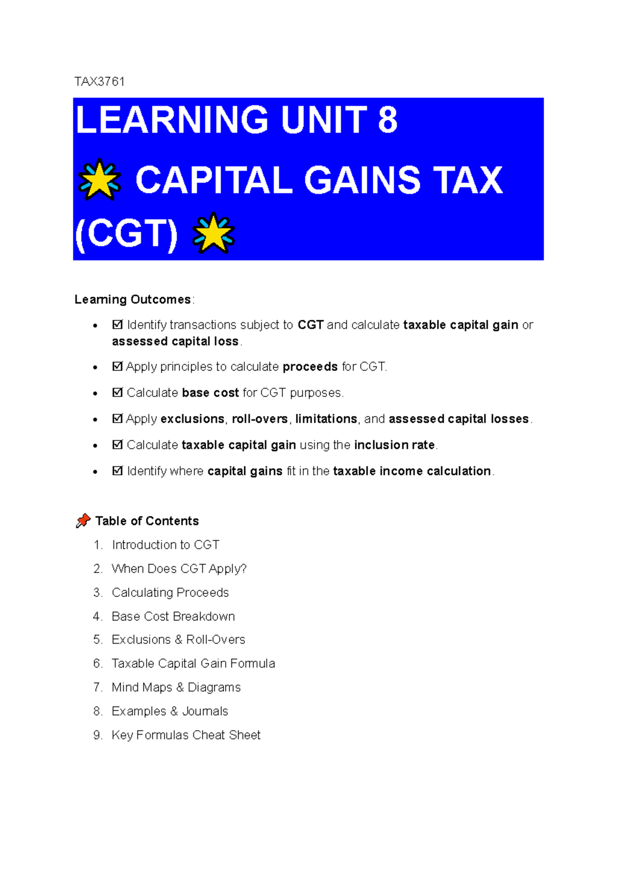TAX3761 - Learning Unit 8: Capital Gains Tax (CGT) Overview and ...