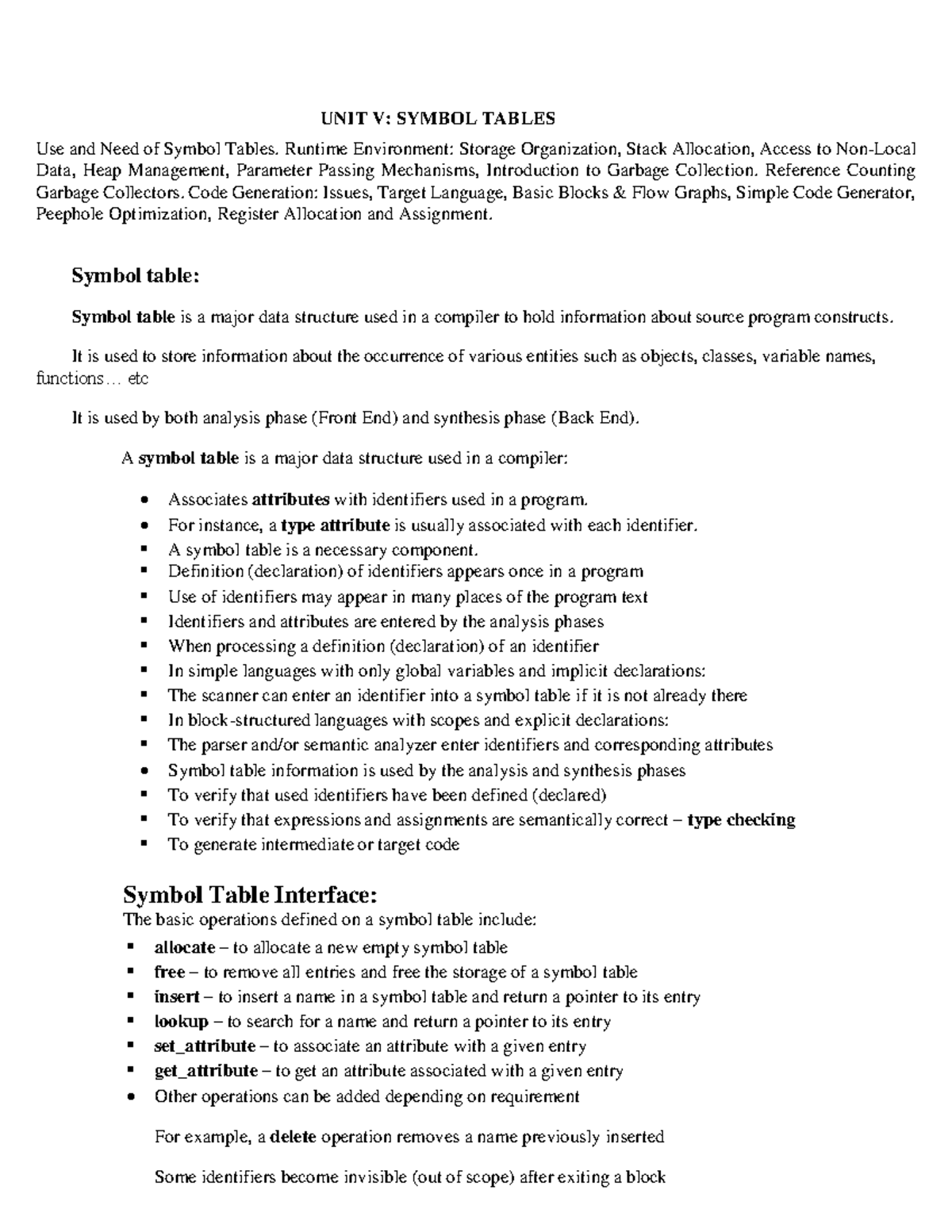 CD UNIT V: Symbol tables and runtime environment concepts - Studocu