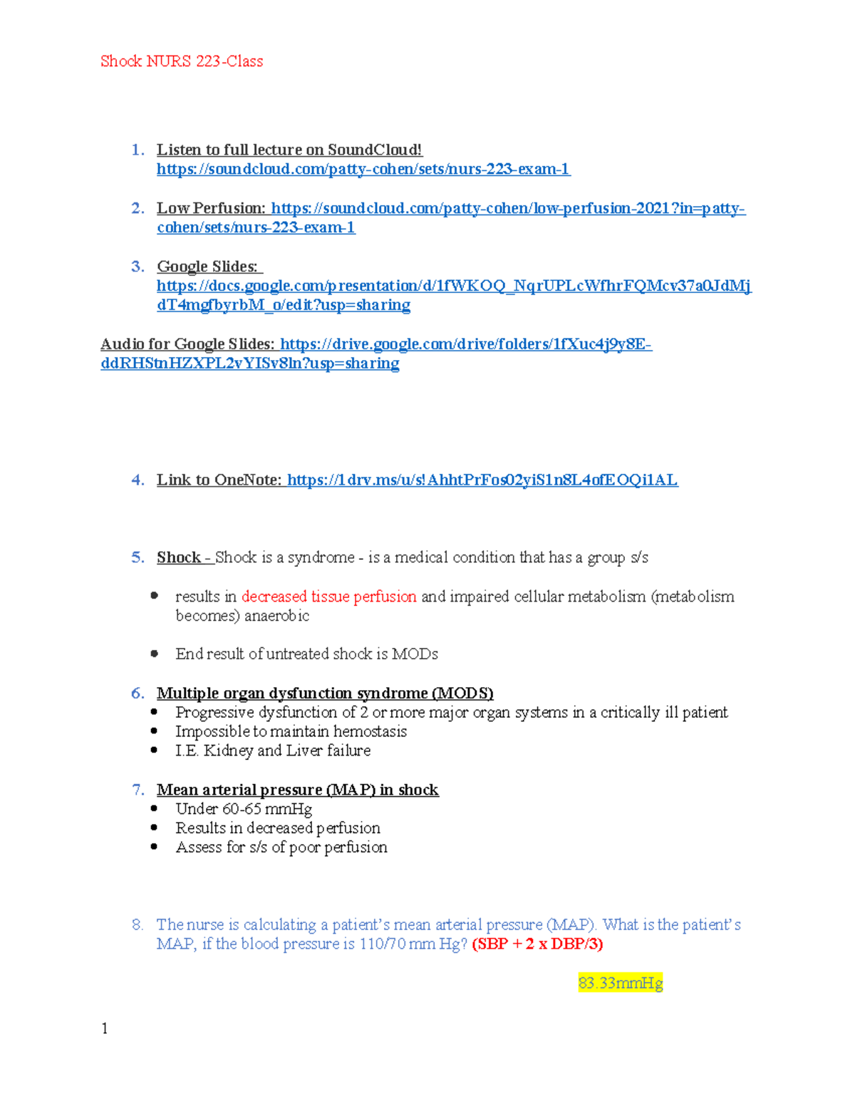 NURS 223: Shock Worksheets and Lecture Notes for Exam Preparation - Studocu