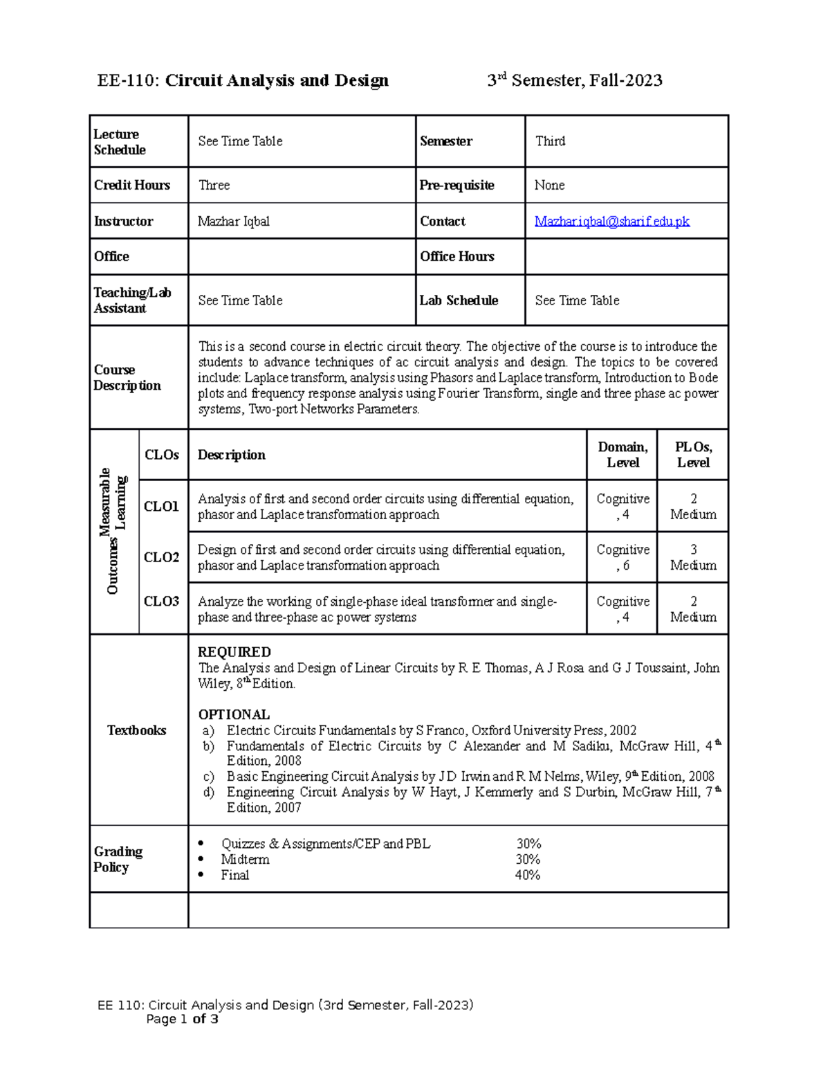 EE-110: Circuit Analysis and Design - Final Course Outline (Fall 2023 ...