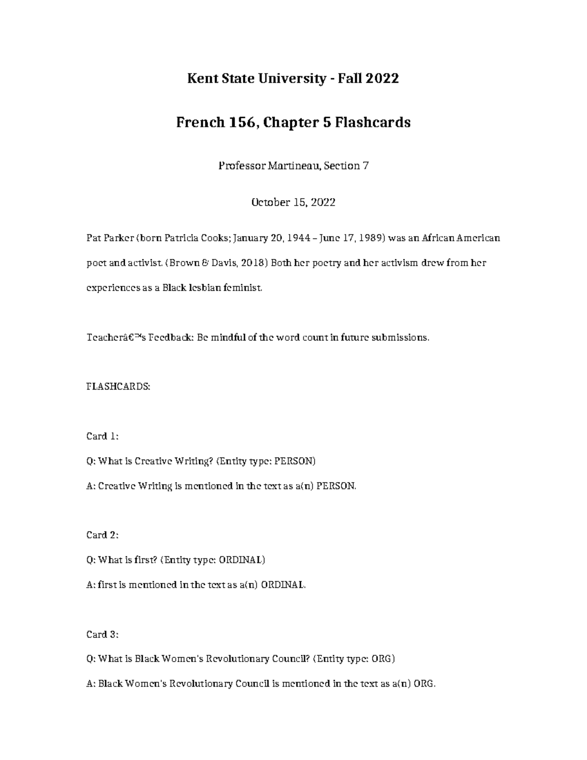 French 156 Chapter 5 Flashcards - Kent State University - Fall 2022 ...