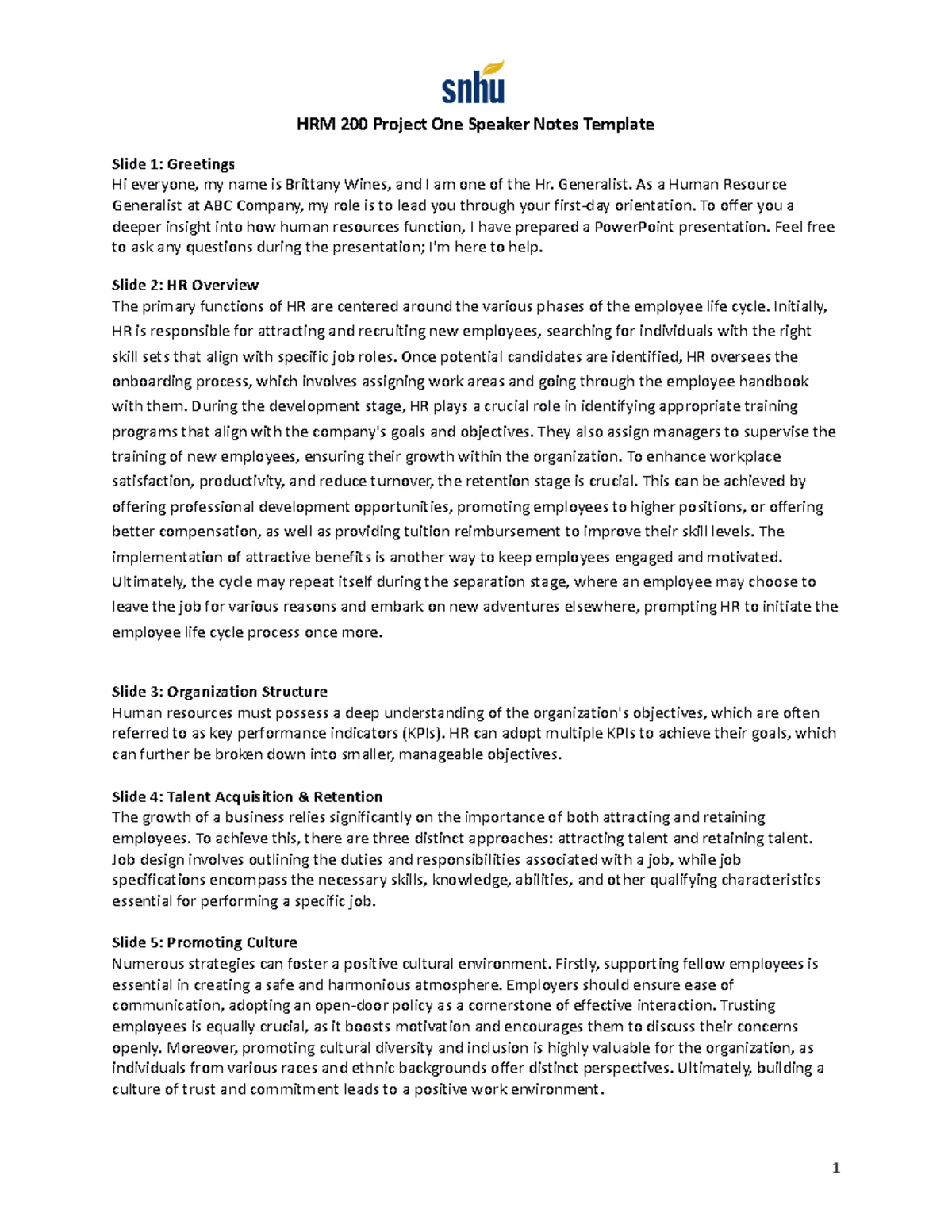 HRM 200 Project One Speaker Notes Template - Write your speaker notes ...