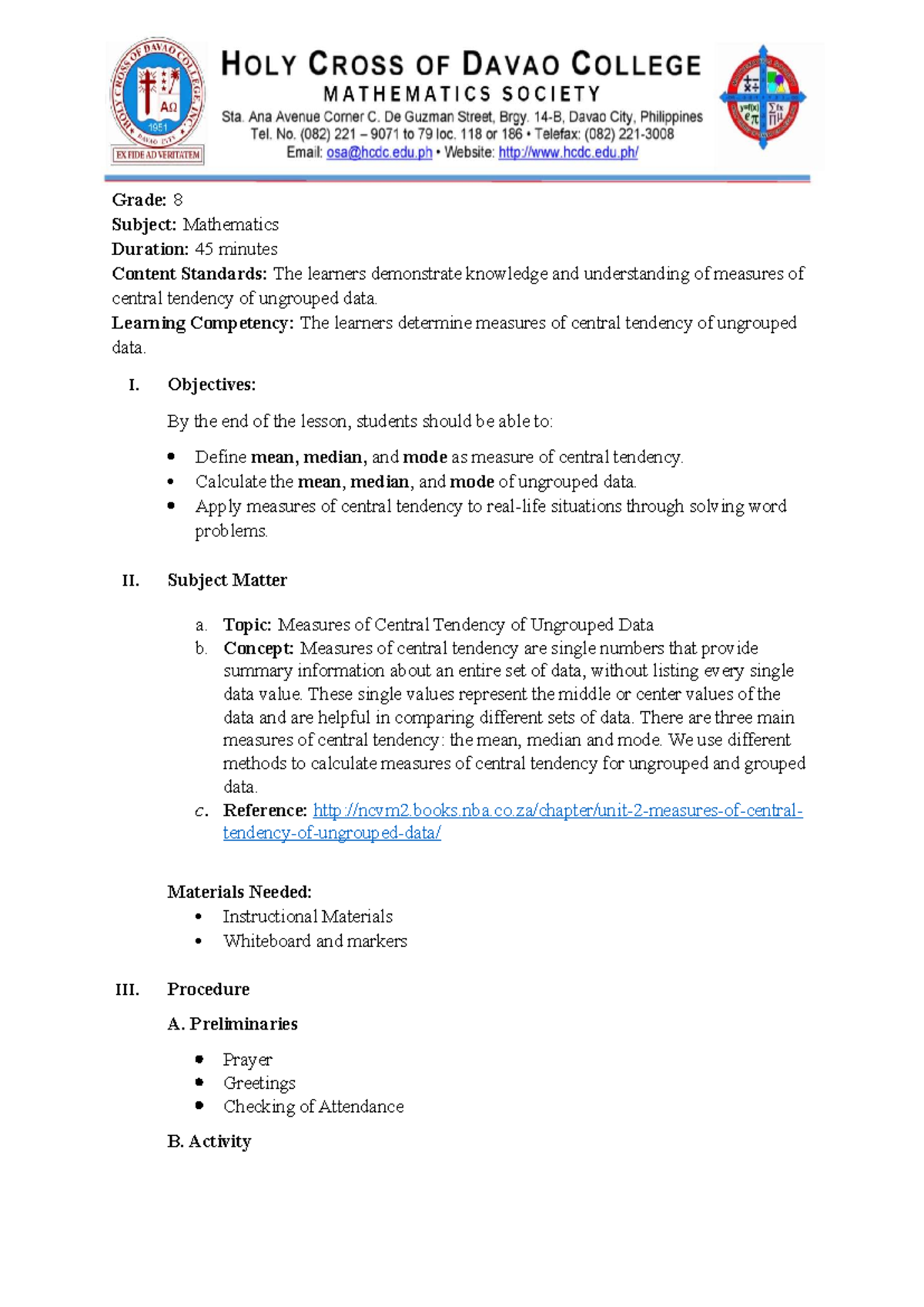 Final Lesson Plan on Measures of Central Tendency (MM 317) - Studocu