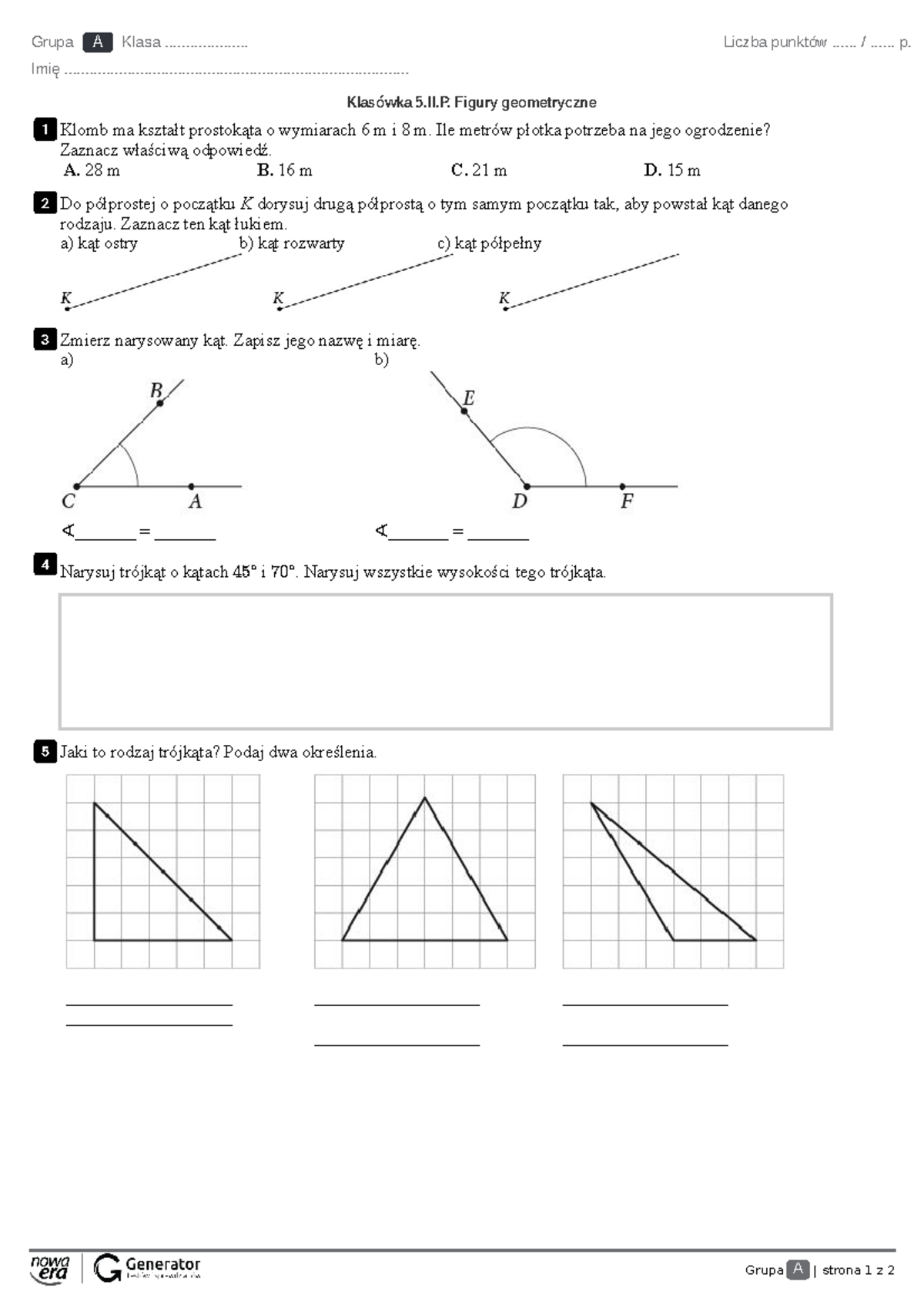 Klasówka 5.II. Figury geometryczne - Zadania dla grup A, B, C, D - Studocu