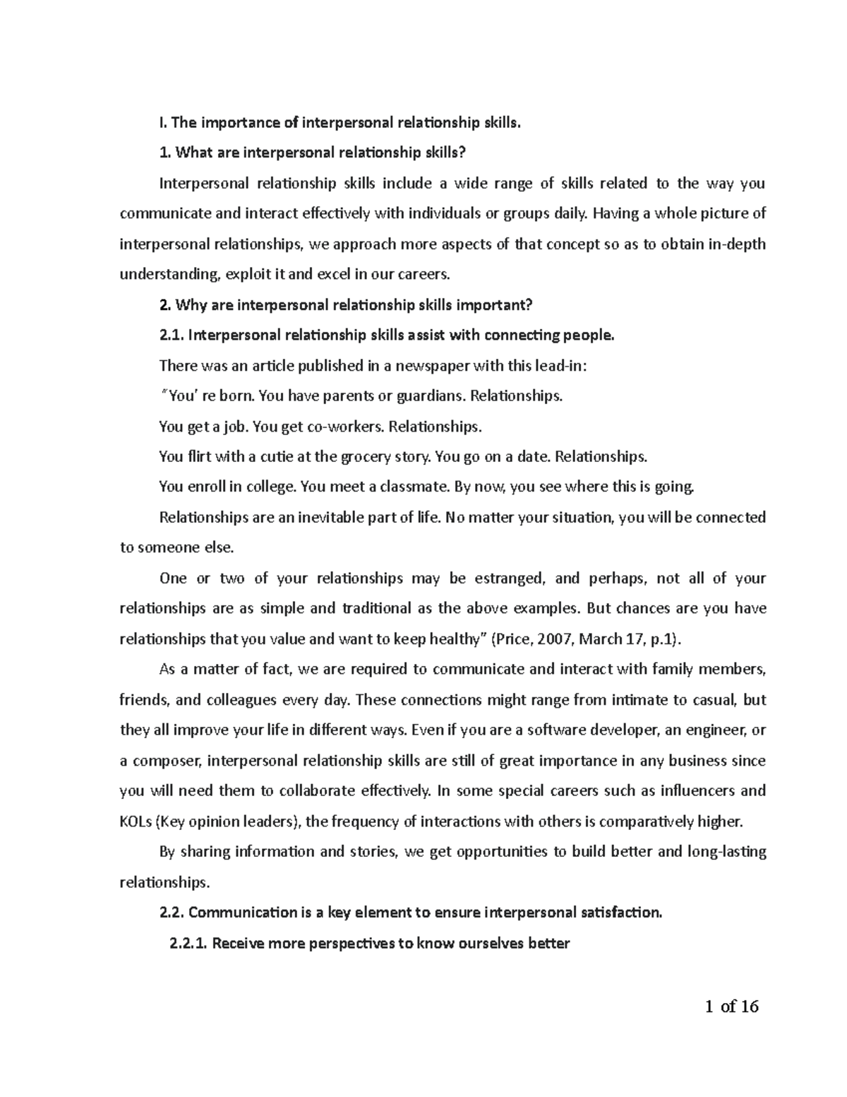 Report 1 - Yay - I. The importance of interpersonal relationship skills ...