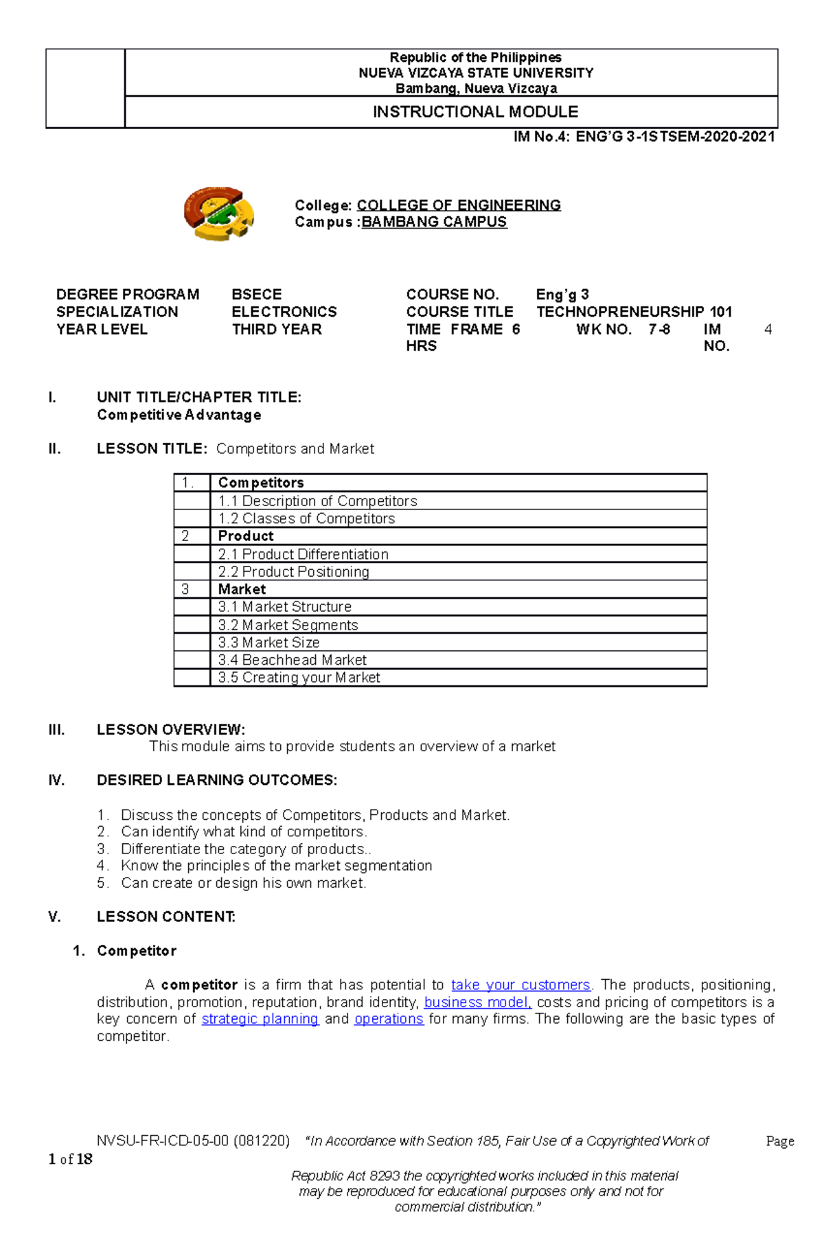 Eng’g 3 - Technopreneurship 101 Module 4: Comp. Advantage & Market ...