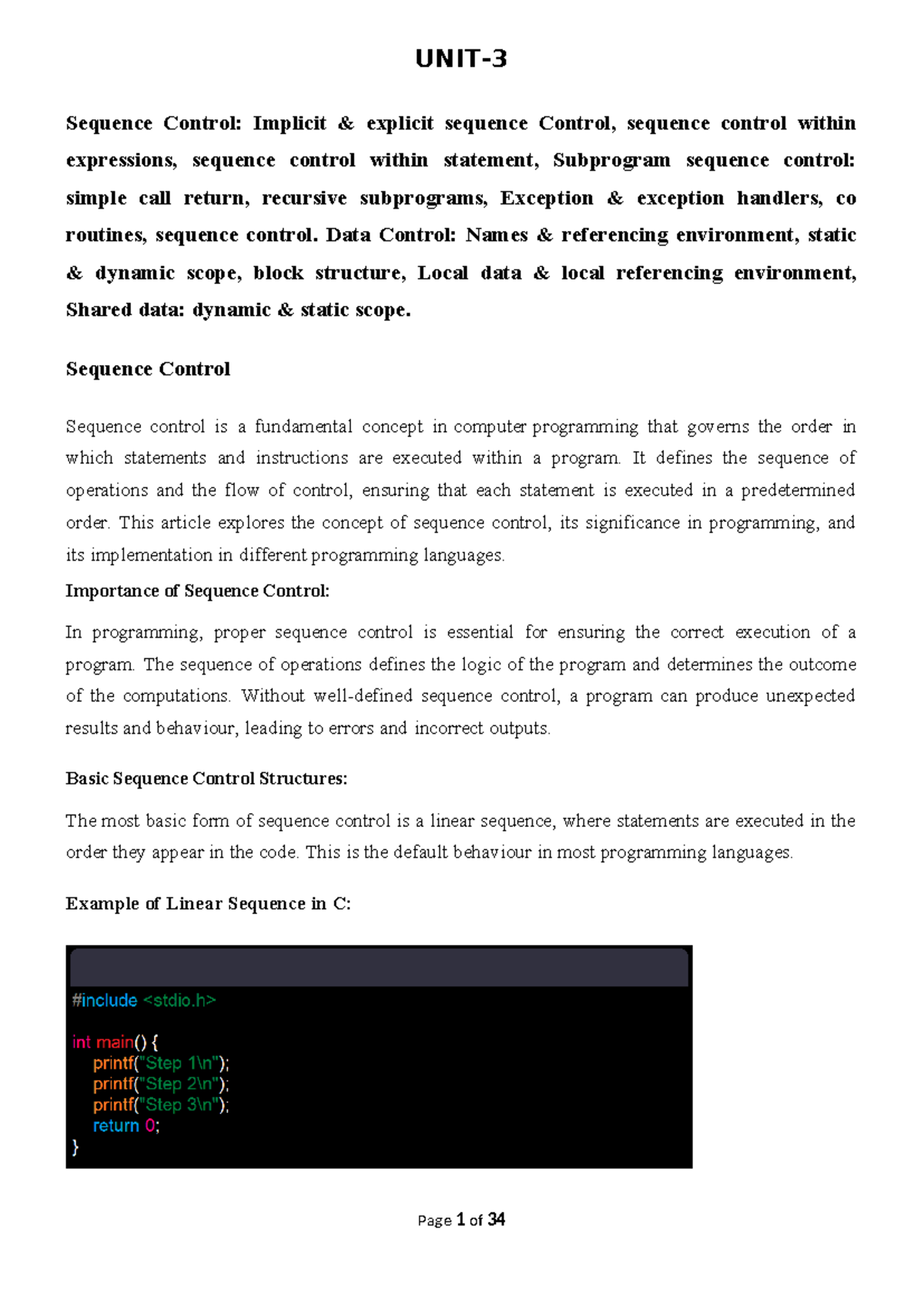 UNIT-3 Sequence Control in Programming Languages: Concepts & Examples ...