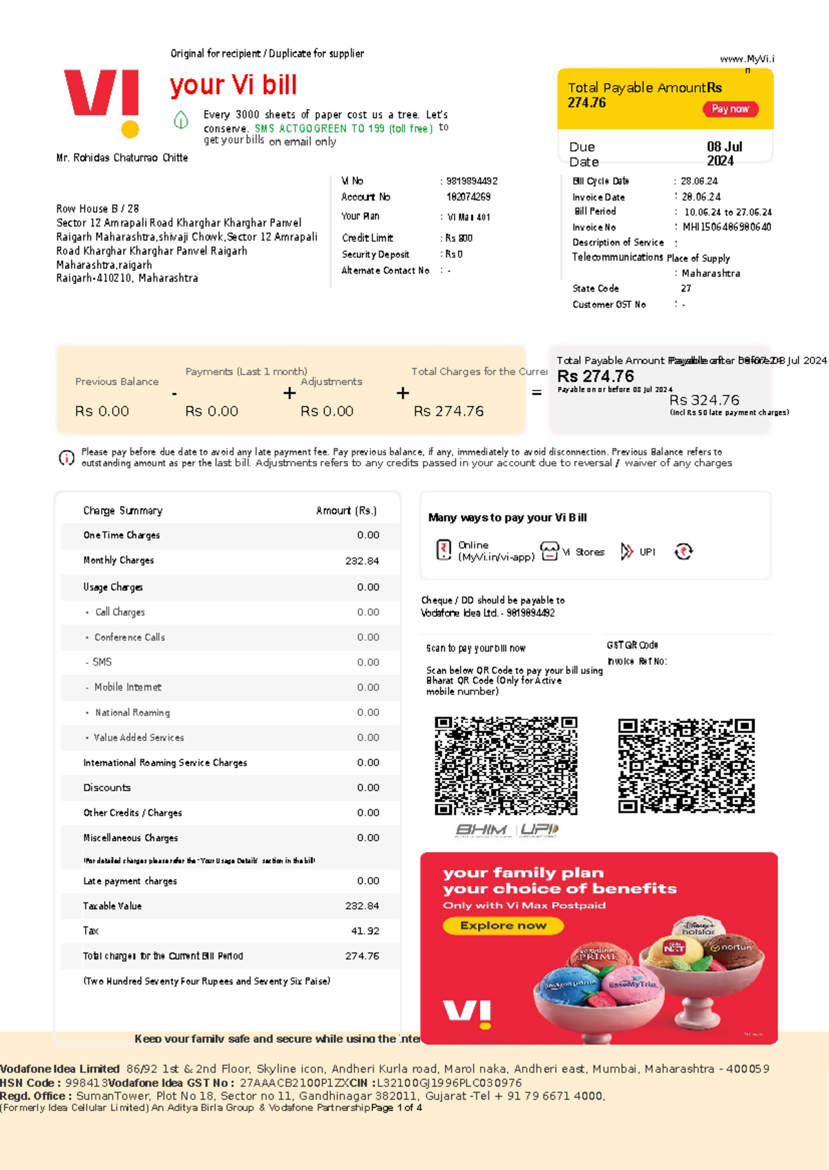 Vi Bill Summary for Account 9819894492 - Due 08 Jul 2024 - Studocu