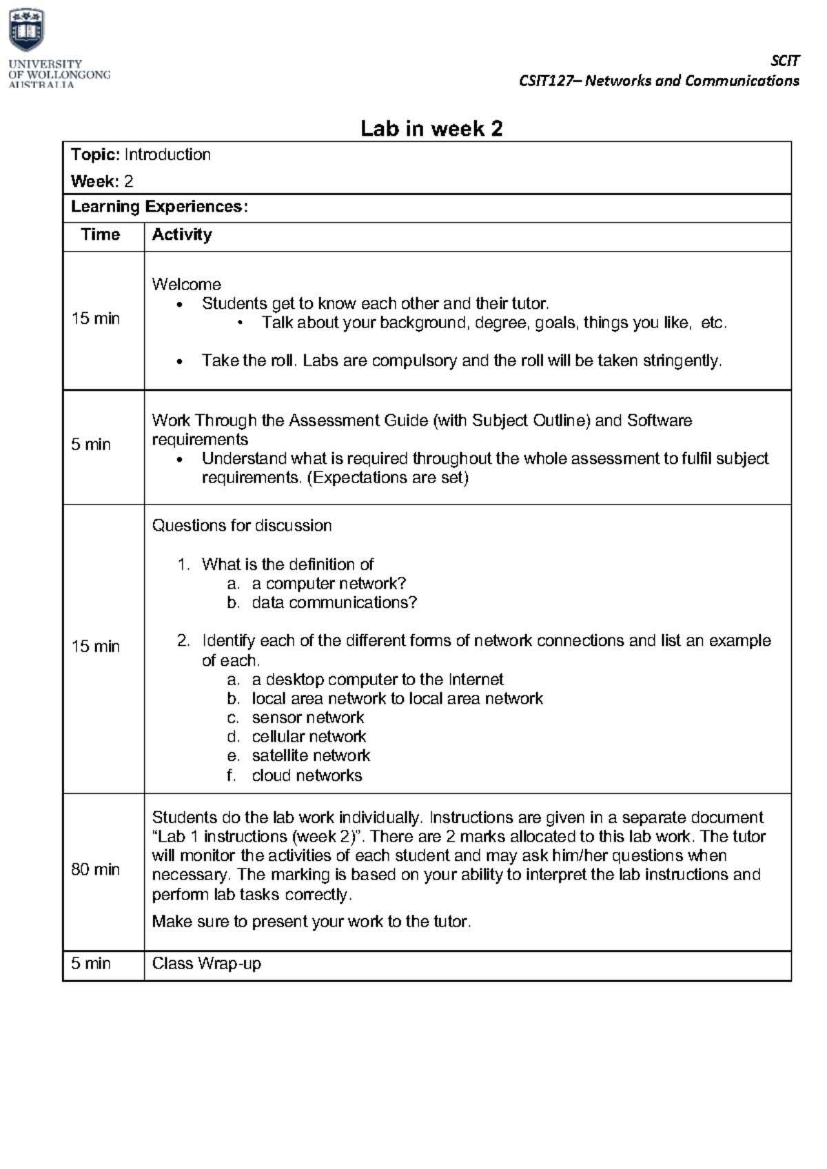 CSIT127 - Week 2 Networks & Communications Lab Overview - Studocu