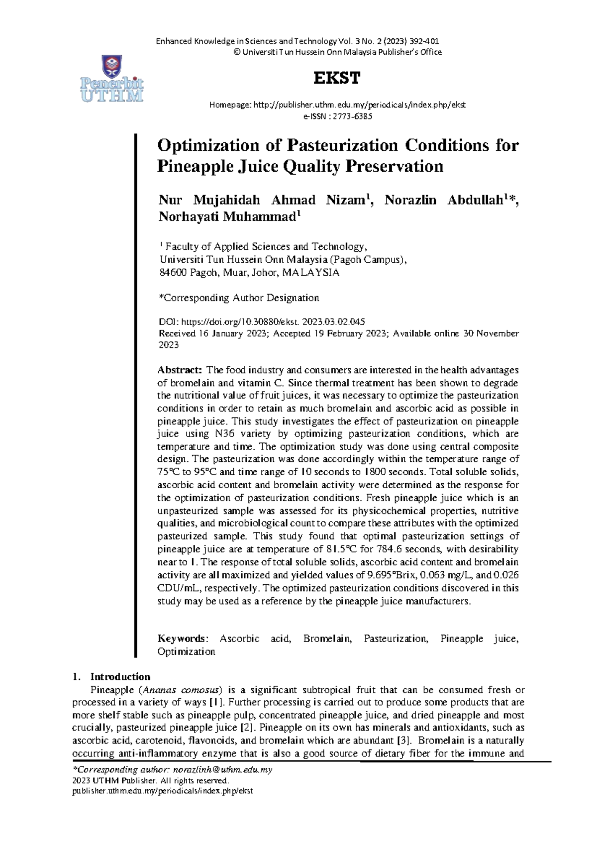 Optimization of Pasteurization Conditions for Pineapple Juice Quality ...