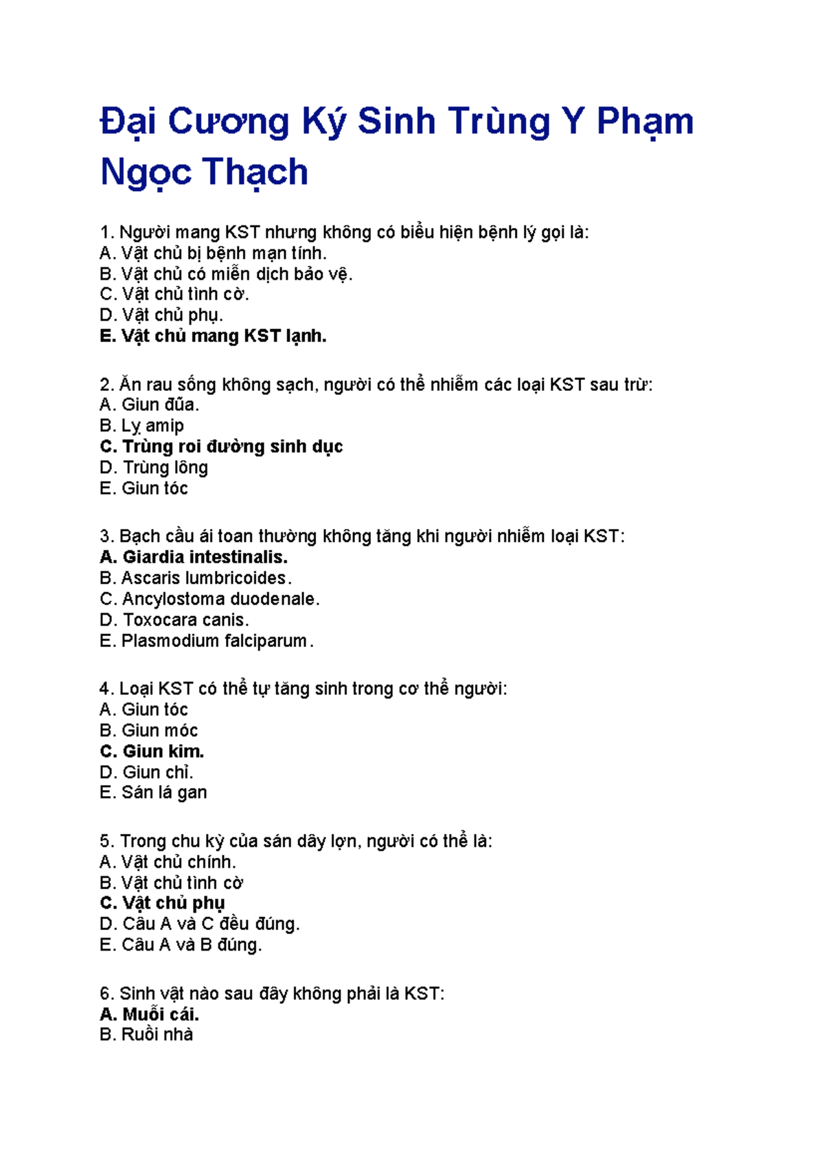 Đề Thi Ký Sinh Trùng Y - Phạm Ngọc Thạch 1 (Vi KST 2022) - Document Preview
