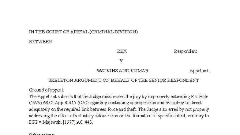 Skeleton Argument for R v Watkins & Kumar (Criminal Appeal) - Studocu