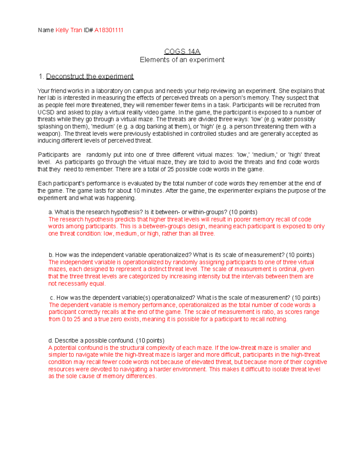 Assignment 3 - Elements of an Experiment COGS 14A: Threats & Memory ...