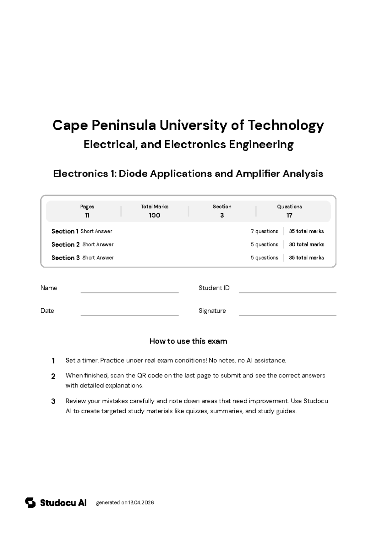 Electronics 1: Diode Applications & Amplifier Analysis Exam - Studocu