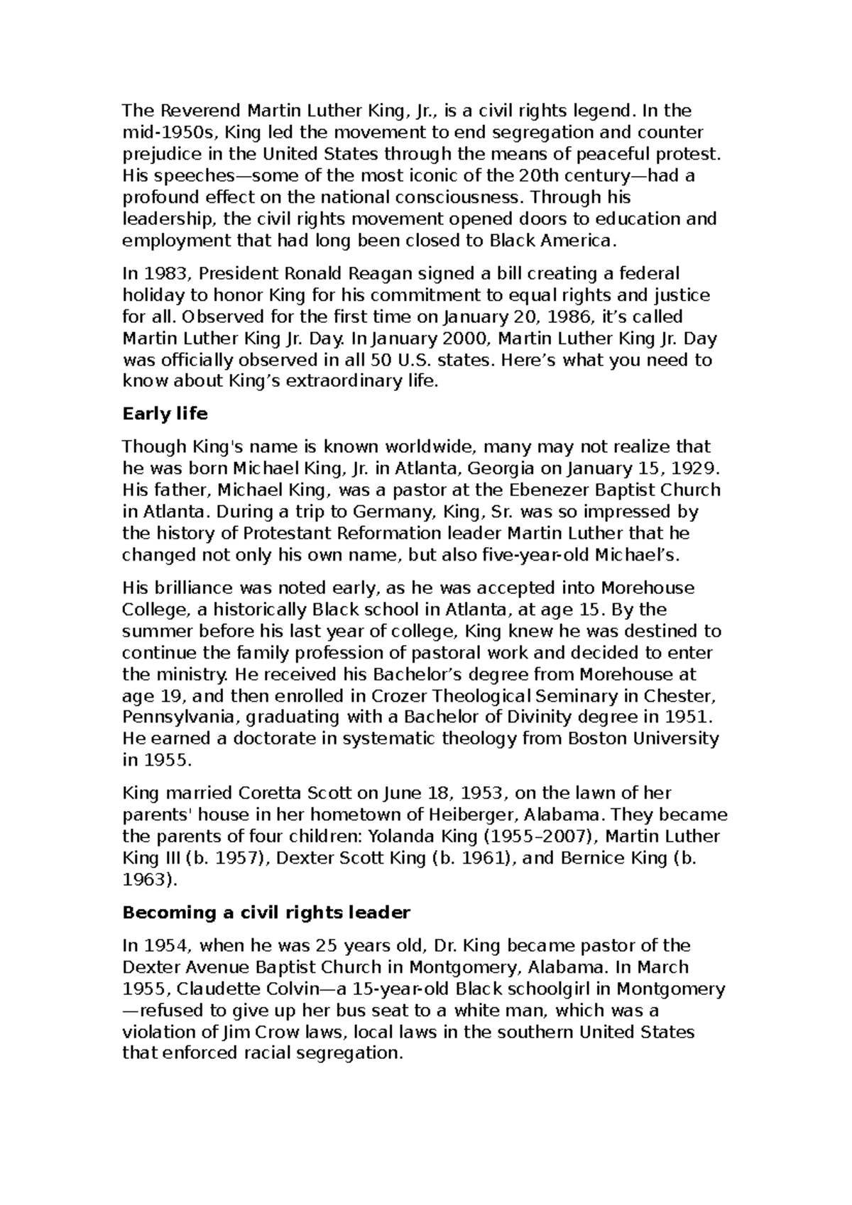 Speech - hola - The Reverend Martin Luther King, Jr., is a civil rights ...