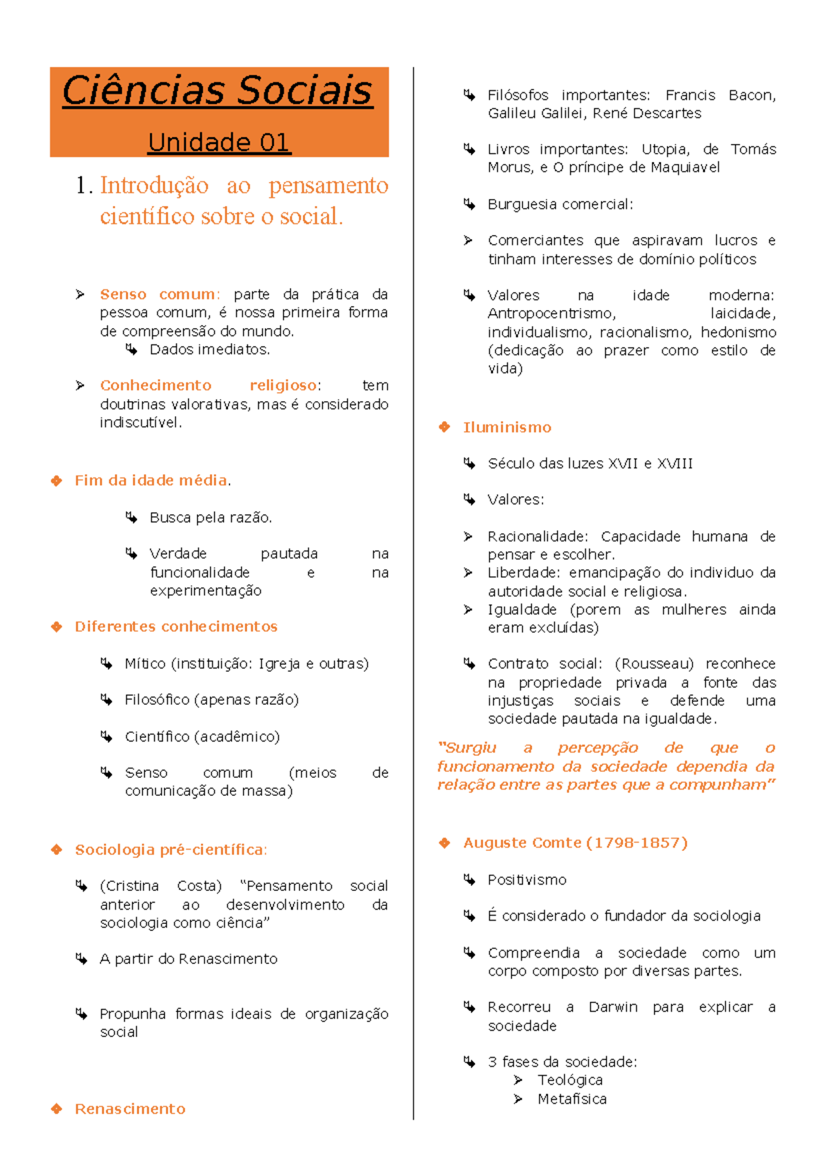 Resumo Ciências Sociais - Unidade I e II: Introdução e Transformações ...