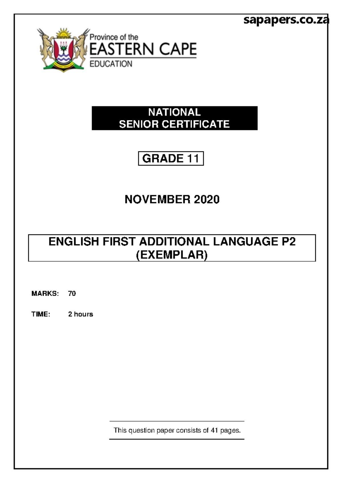 Engfal P2 GR11 Nov 2020 Exemplar Question Paper - Studocu