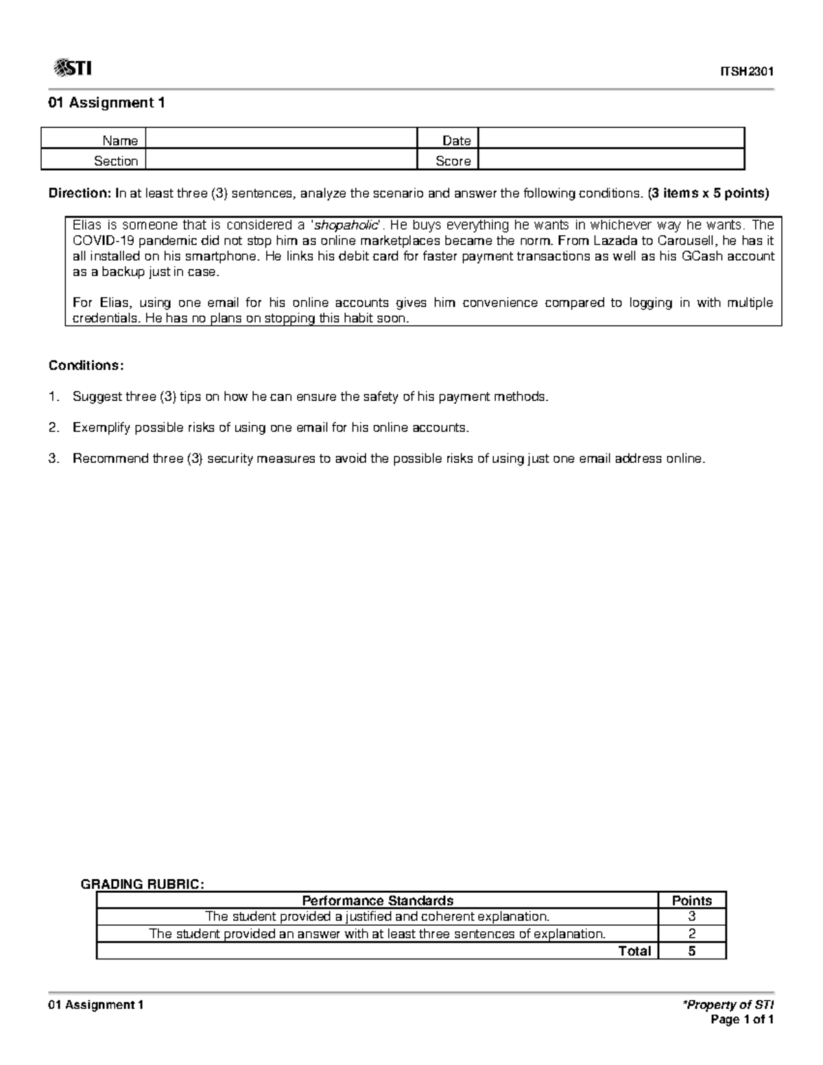 01 Assignment 1 - huhgvg - ITSH 2301 01 Assignment 1 *Property of STI ...