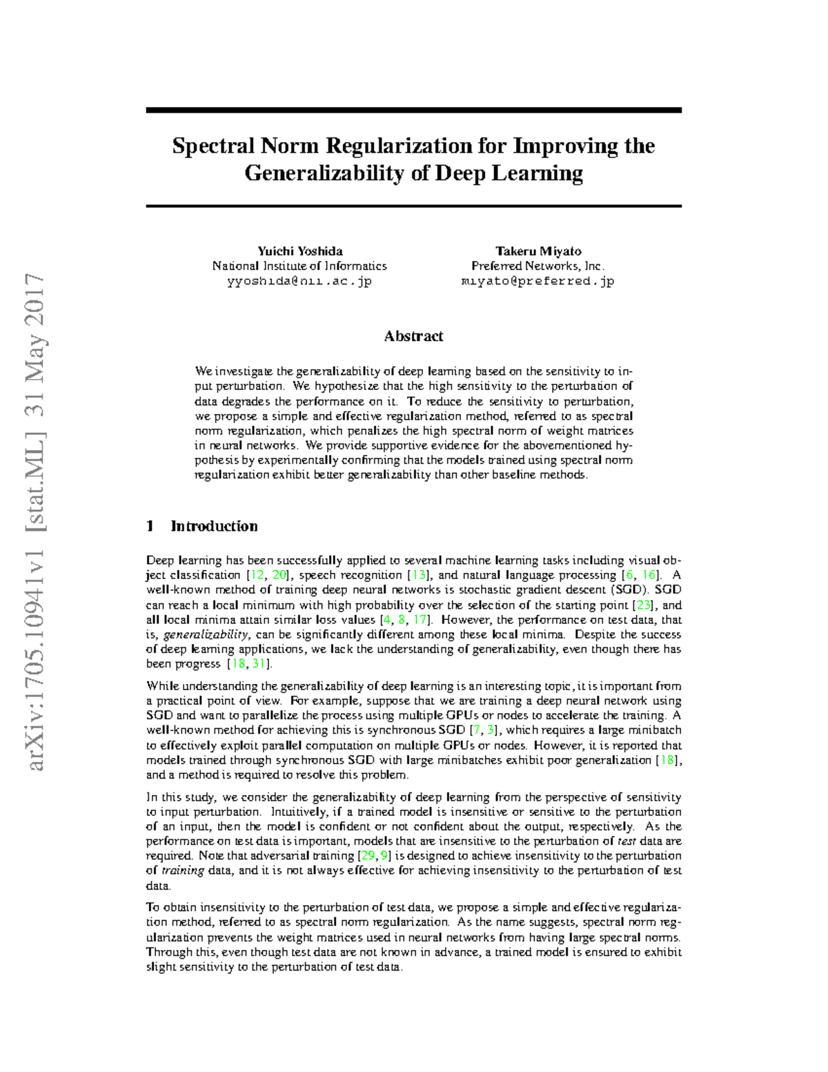 Spectral Norm Regularization for Deep Learning Generalizability (1705 ...