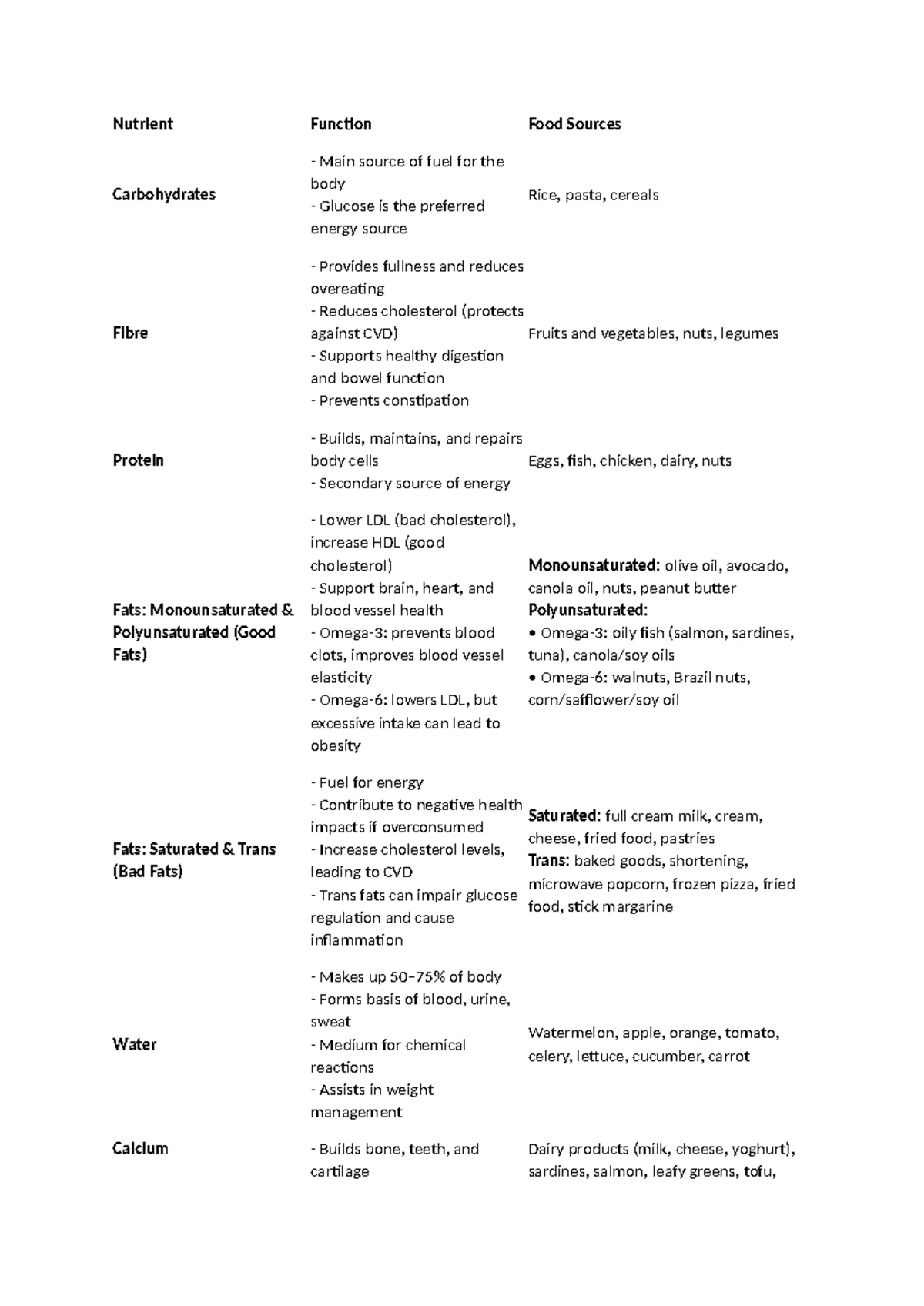 NUTR 101: Nutrient Summary Table for Energy and Growth Functions - Studocu