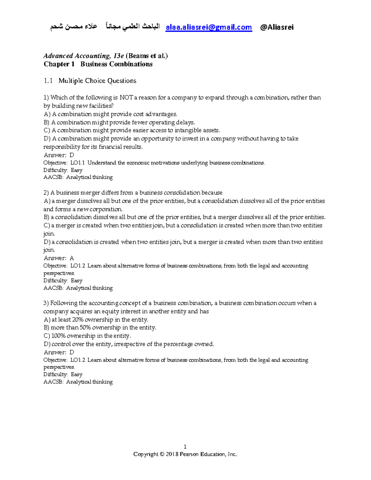 Advanced Accounting 13e: Chapter 1 Test Bank & Exercises on Business Combinations - Document Preview