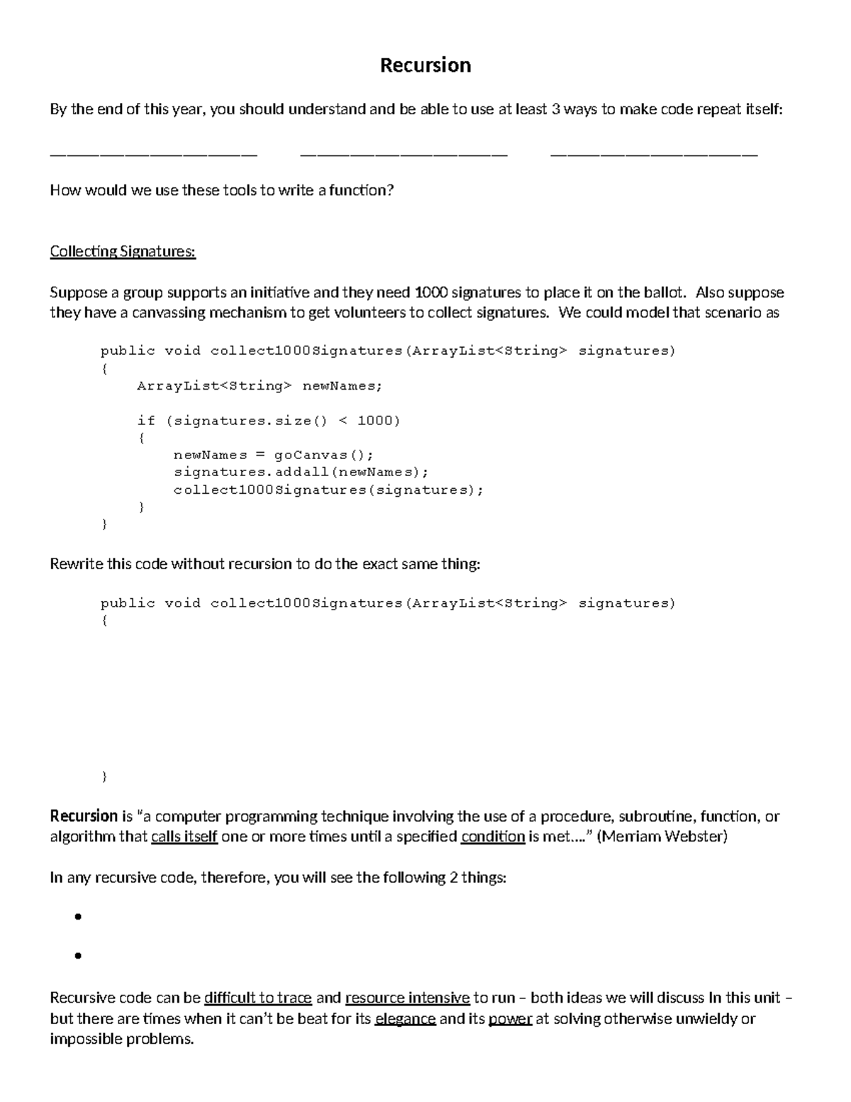 Recursion Exploration Worksheet: Techniques and Exercises - Studocu