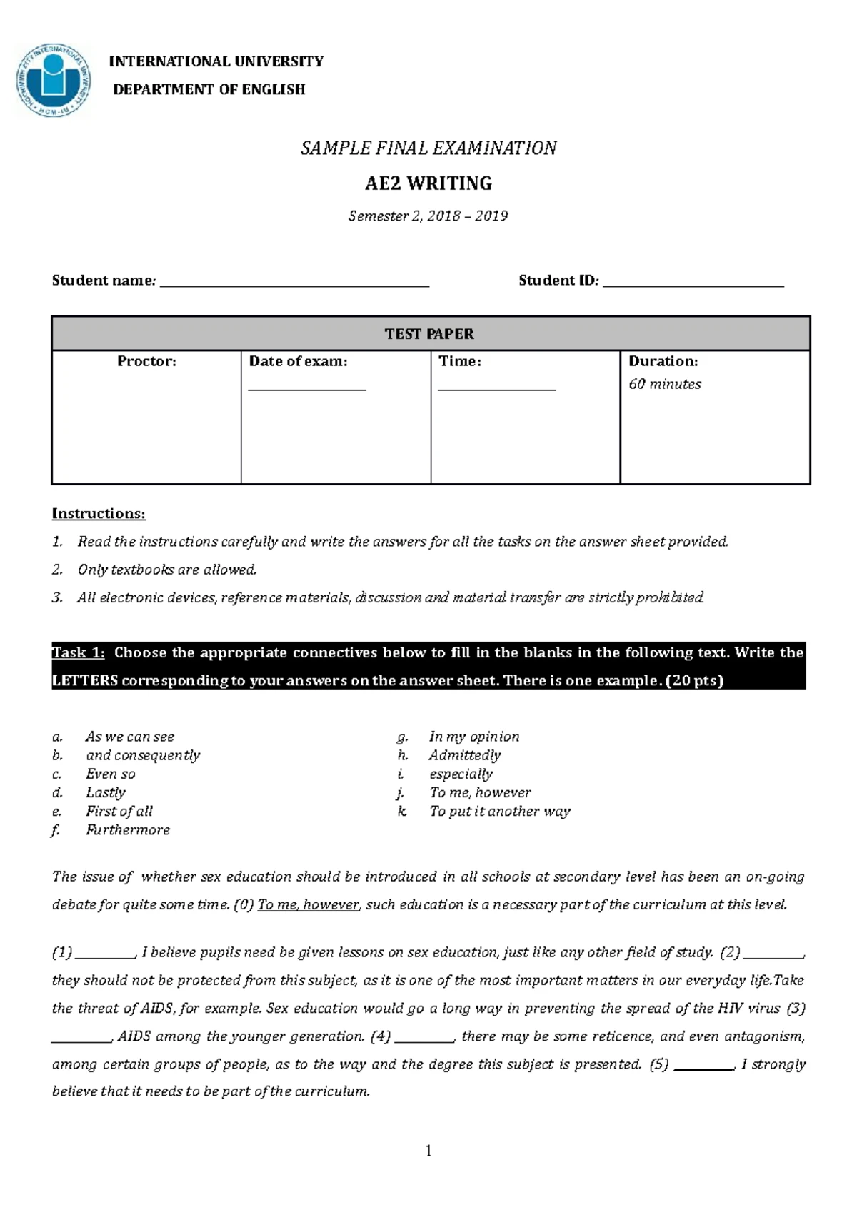 Writing AE2 SAMPLE -FINAL TEST - INTERNATIONAL UNIVERSITY DEPARTMENT OF ...