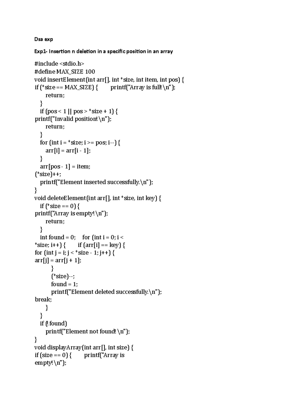 DSA Codes: Insertion & Deletion in Arrays and Linked Lists - Studocu