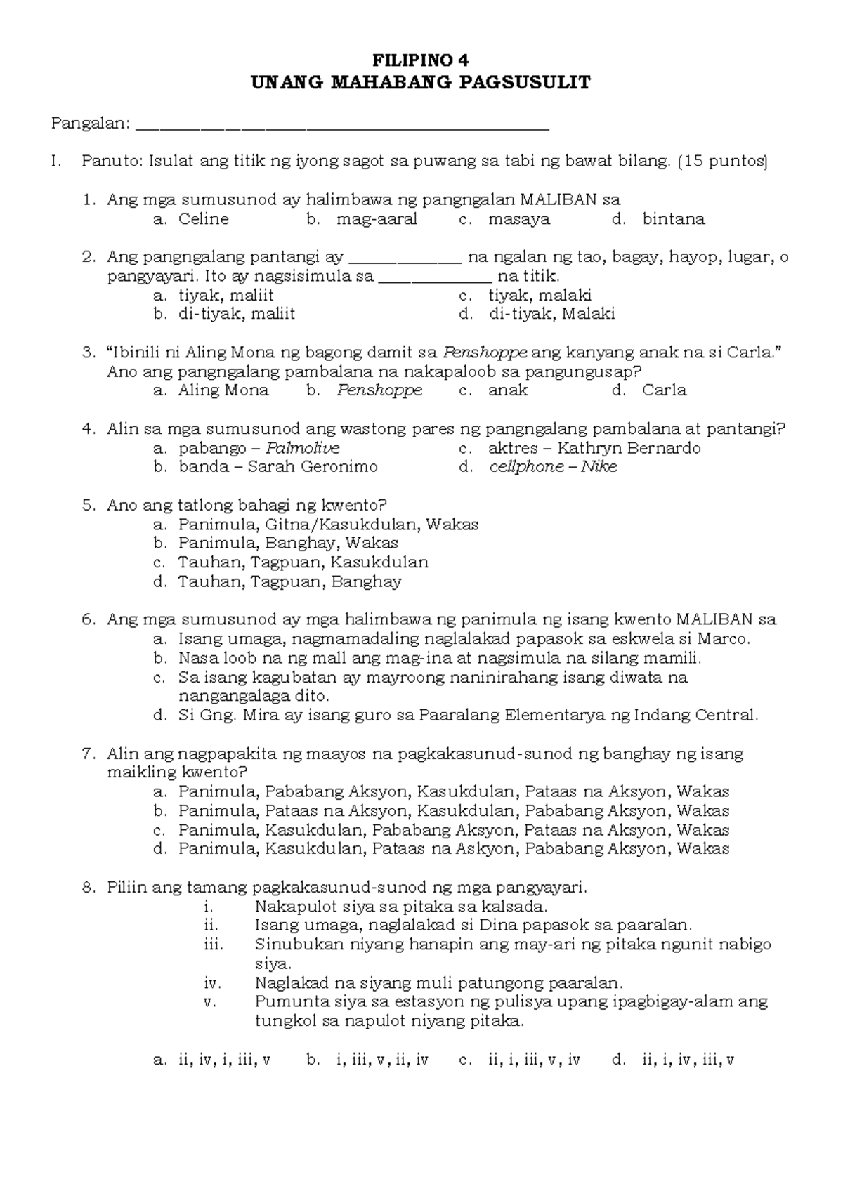 Filipino 4 Unang Mahabang Pagsusulit: Sample Questions & Answer Key ...