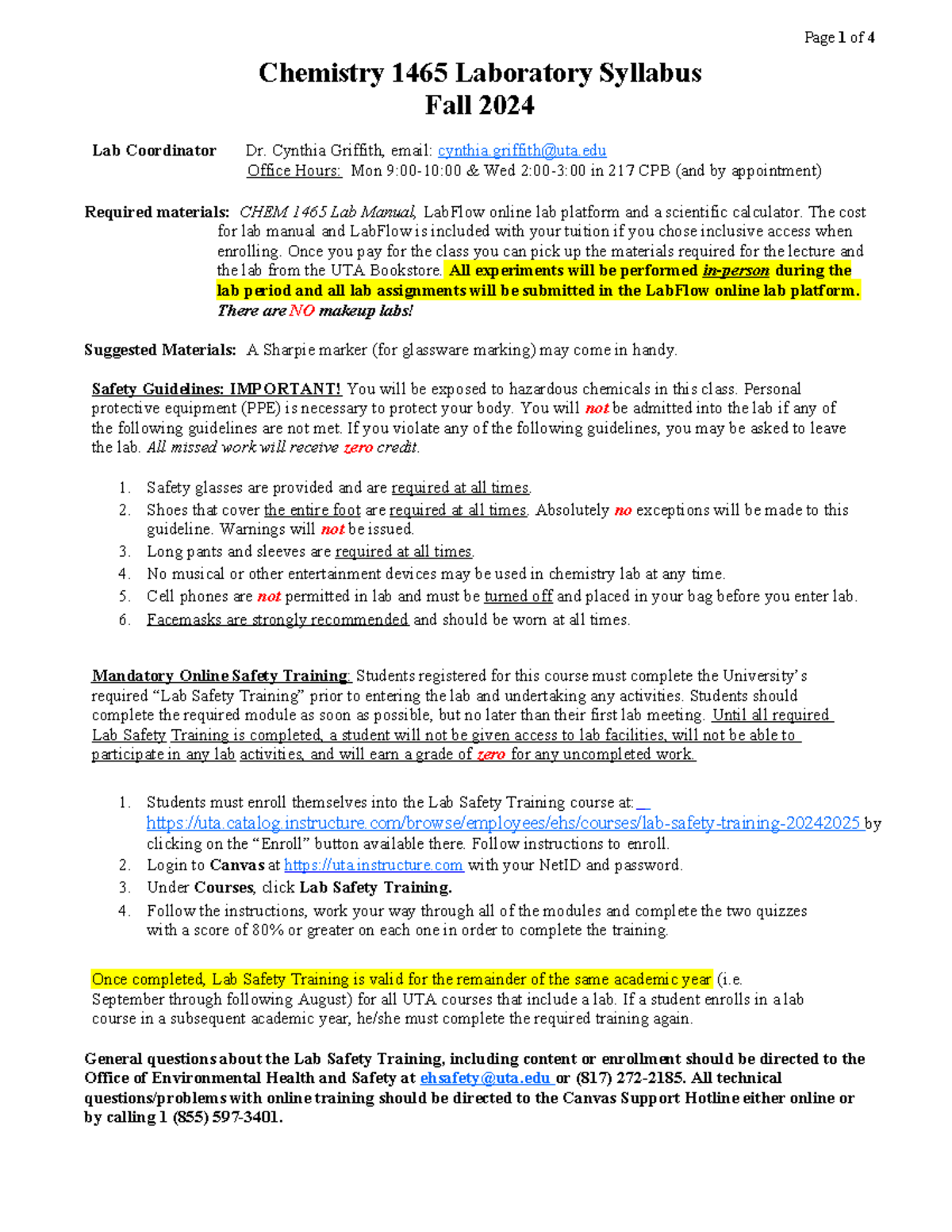CHEM 1465 Fall 2024 Laboratory Syllabus and Safety Guidelines - Studocu