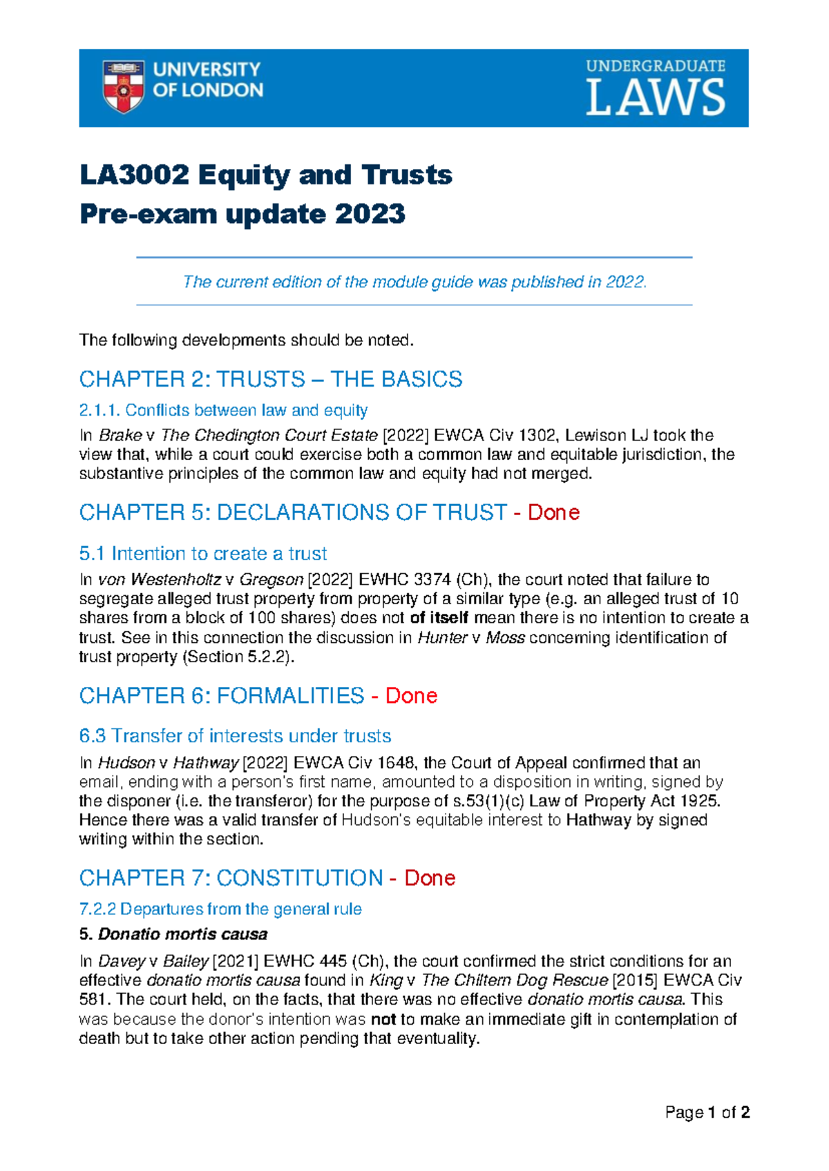 Pre-exam Update for LA3002: Equity and Trusts Essentials 2023 - Studocu