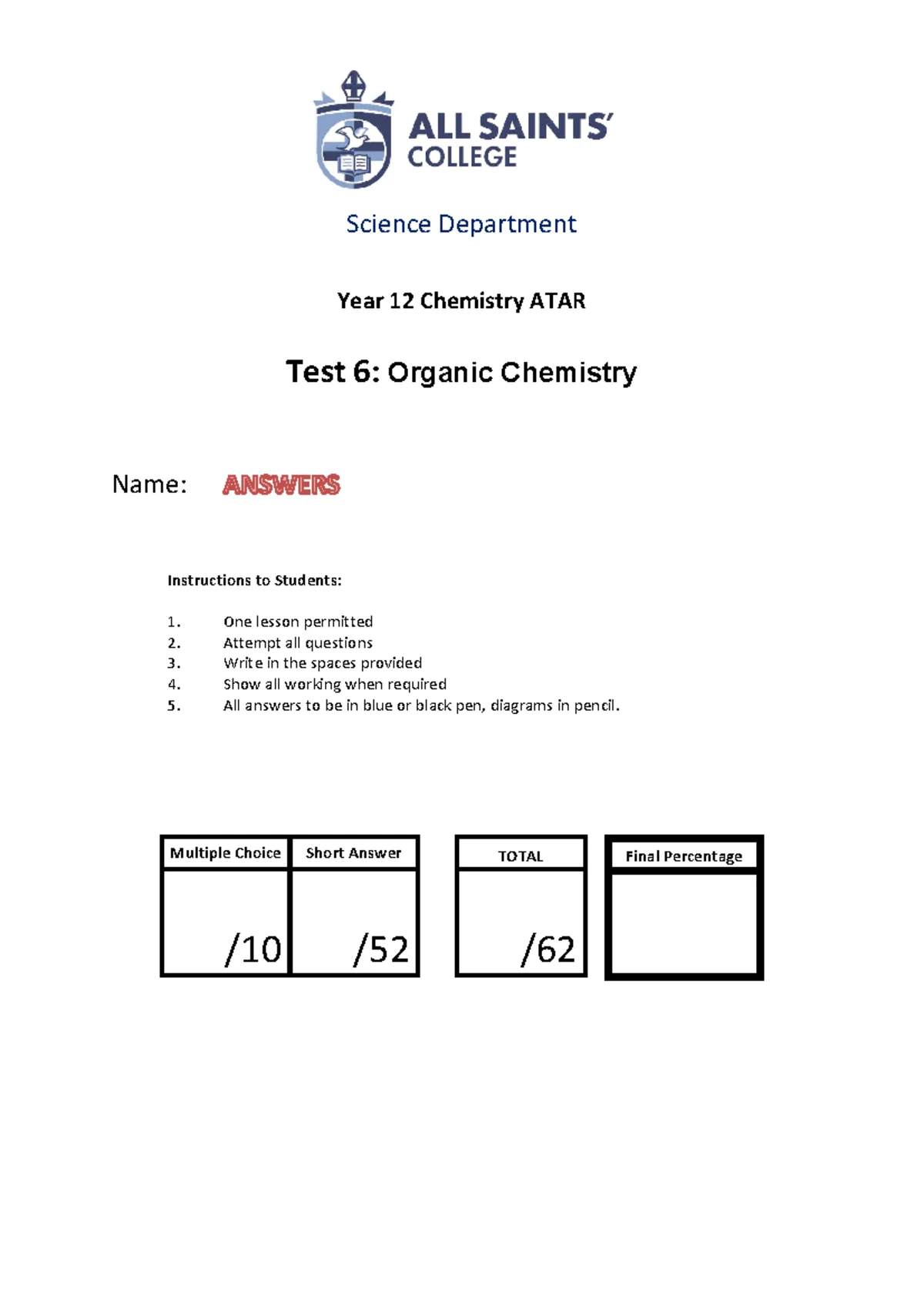 Year 12 Chemistry ATAR Semester 1 Exam 2019 Booklet - Studocu