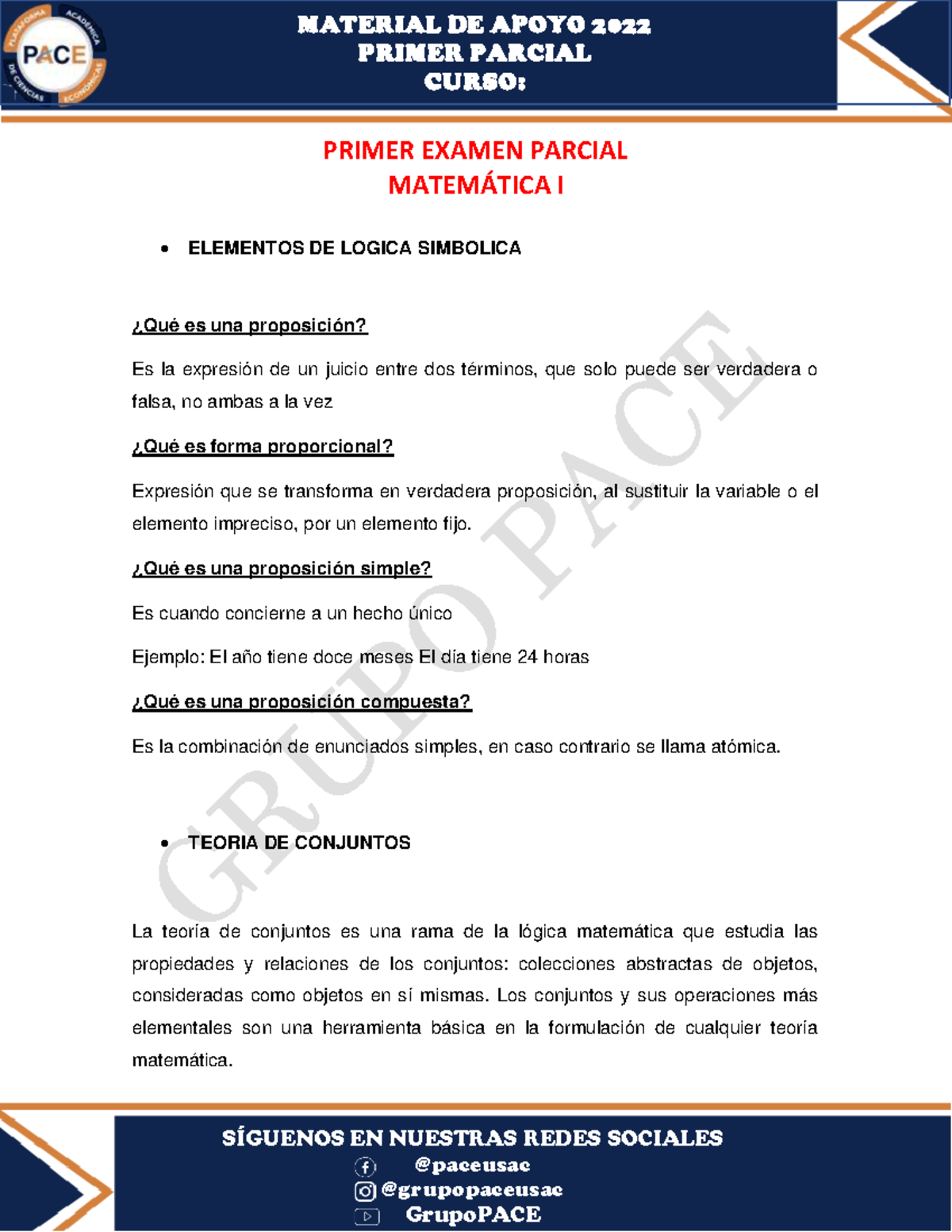 Primer Examen Parcial - Matemática I - Grupo PACE - Document Preview