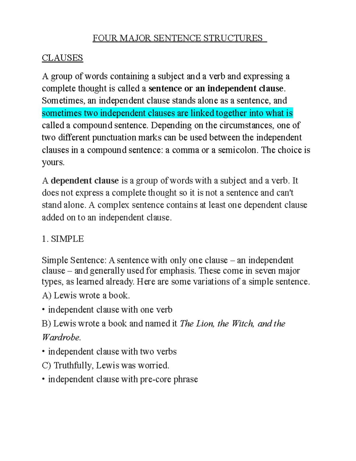 English 1090 Final Exam Grammar Review: Sentence Structures and ...