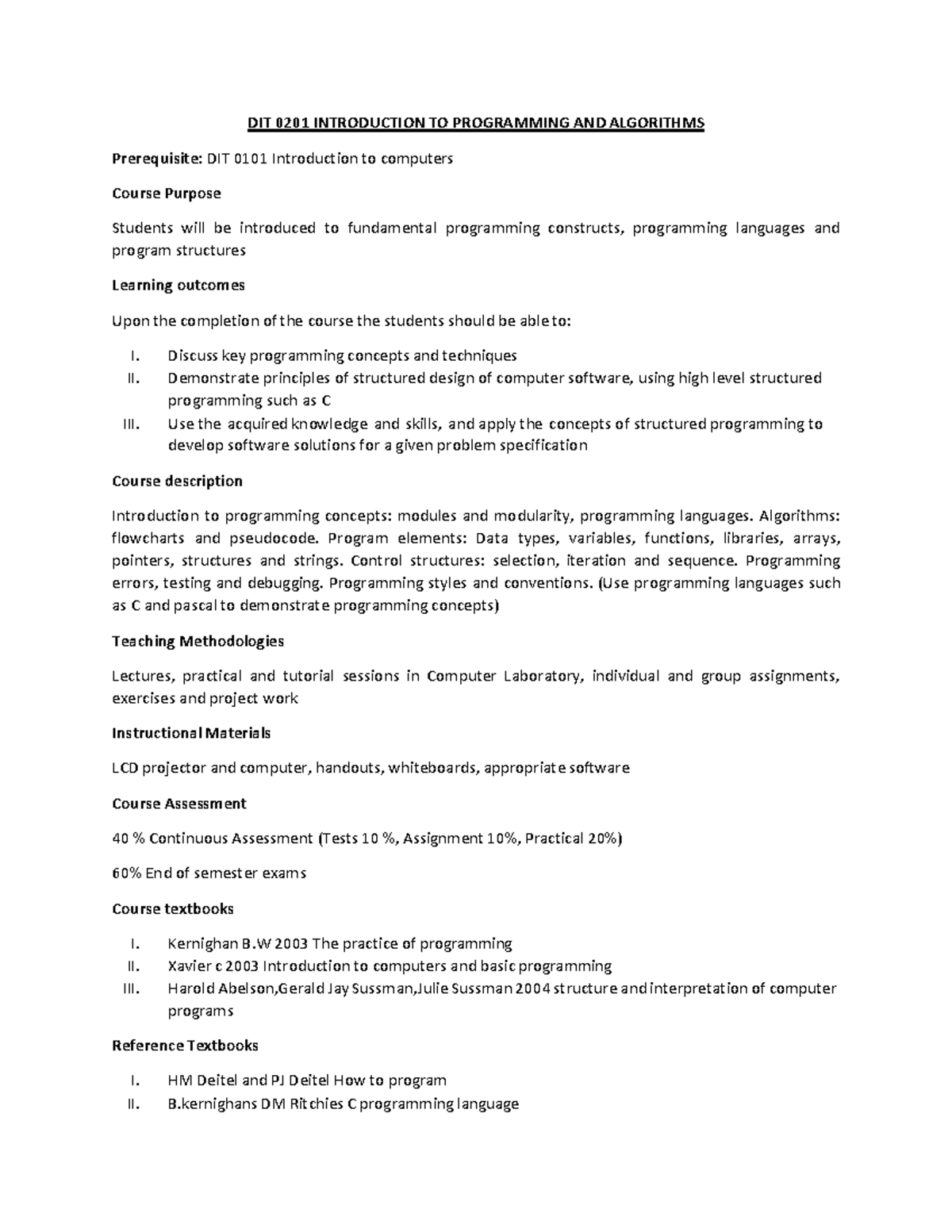 DIT 0201 Lecture Notes: Introduction to Programming Concepts - Studocu