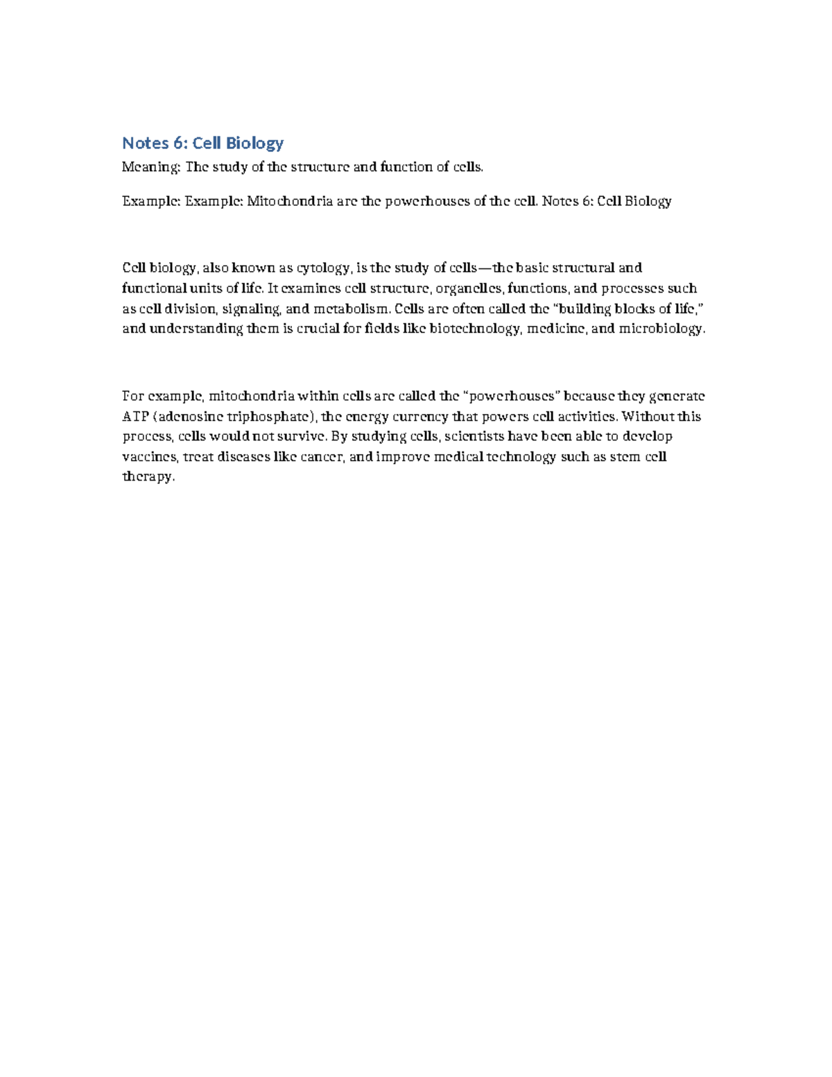 Notes 6: Cell Biology - Structure, Function, and Importance - Studocu