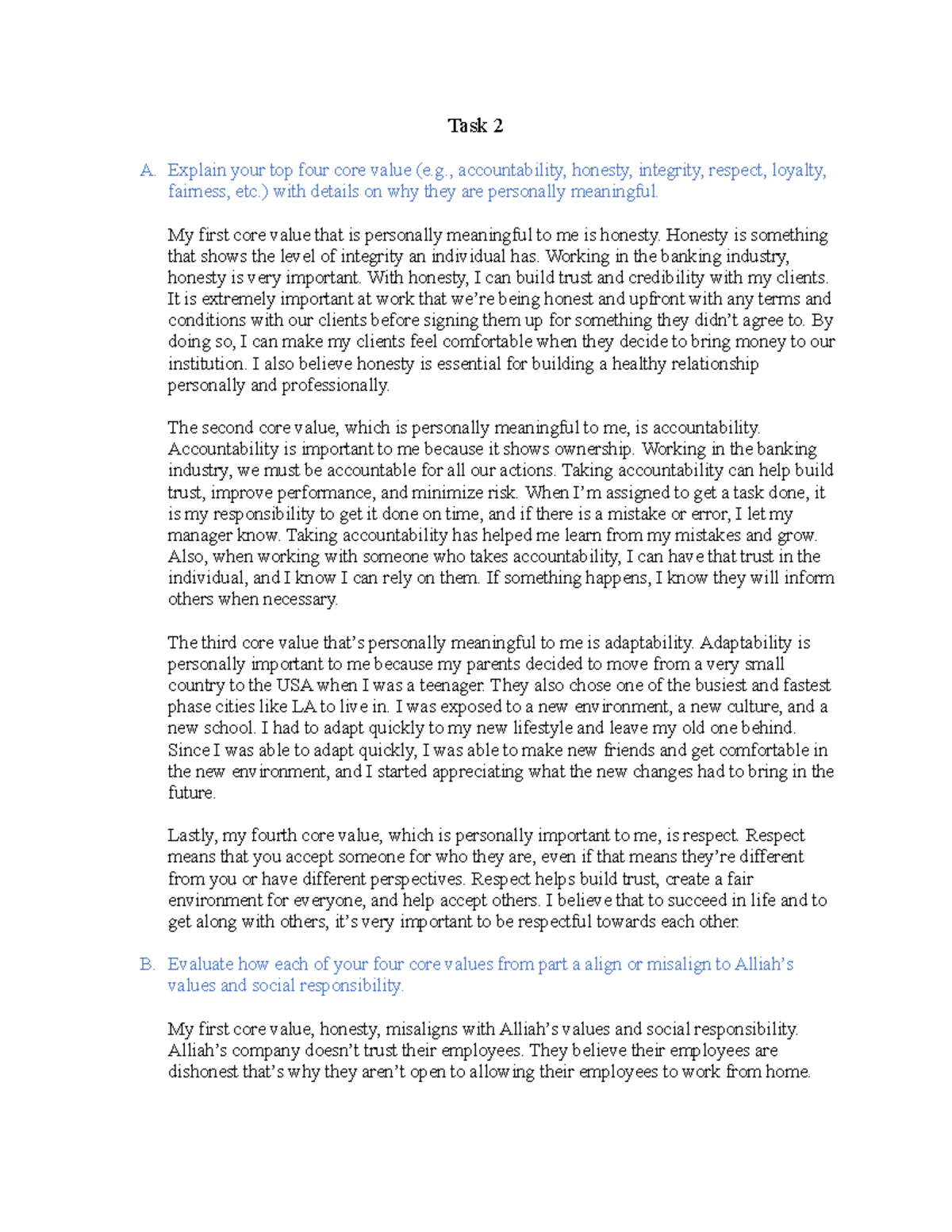 Task 2 Final - CHM1: Core Values & Cultural Intelligence Analysis - Studocu