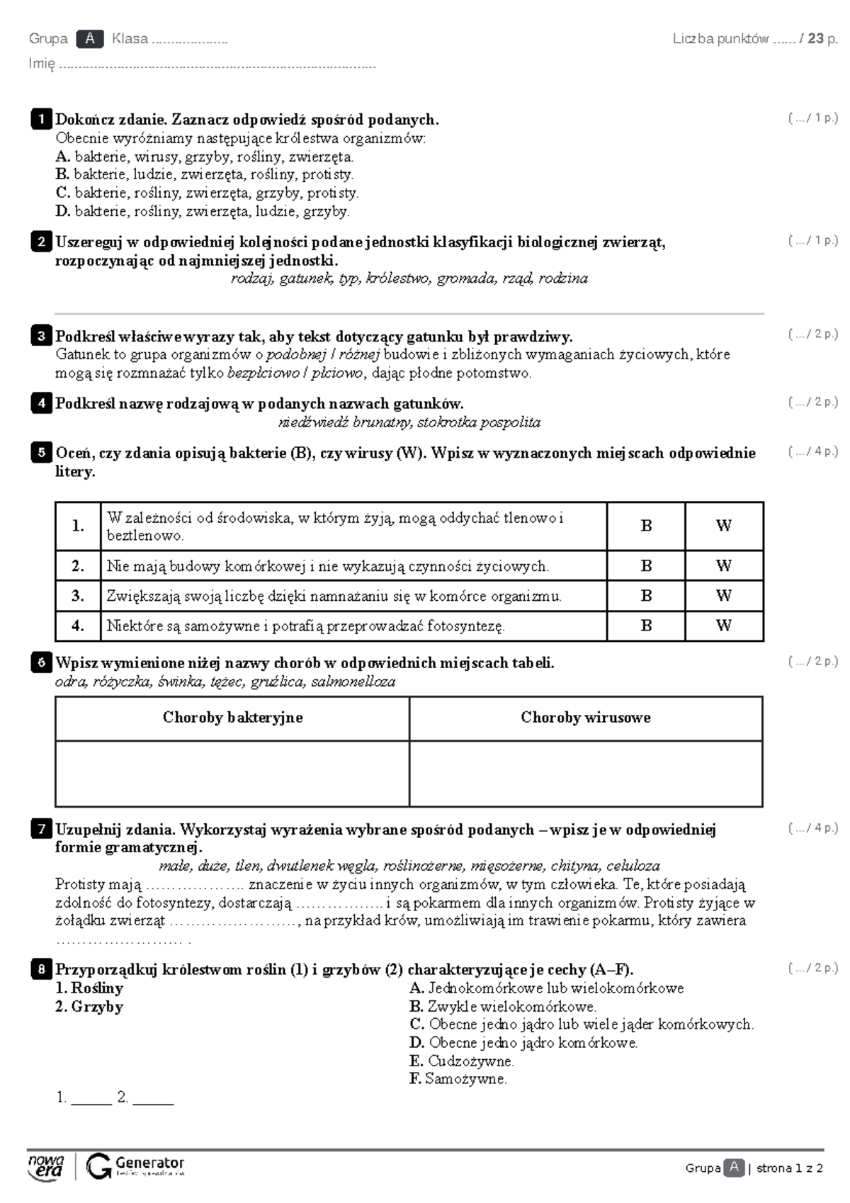 Test III. Wirusy, bakterie, protisty i grzyby Test (z widoczną
