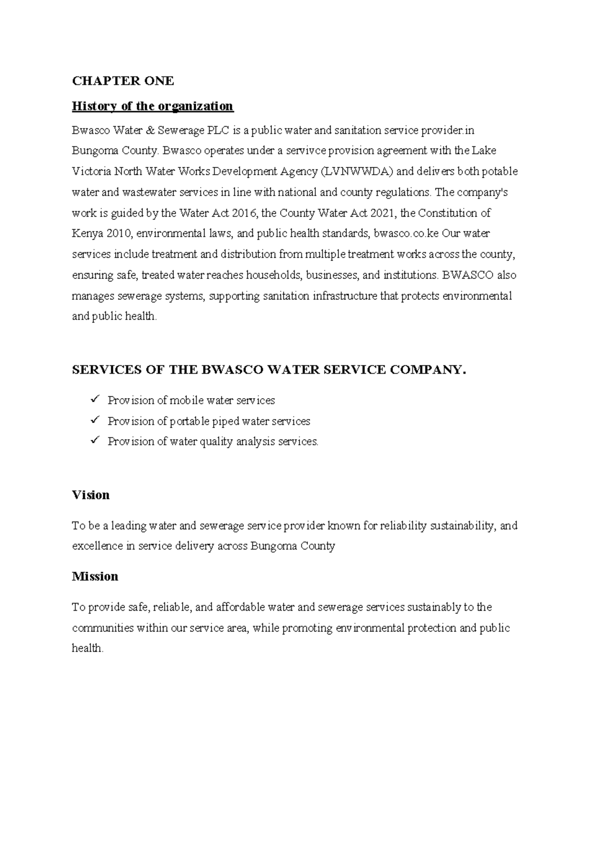 CHAPTER ONE: History and Services of Bwasco Water Sewerage PLC - Studocu