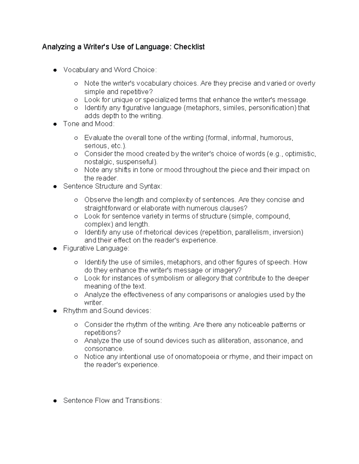 Analyzing a Writer's Use of Language Checklist - Are they precise and ...
