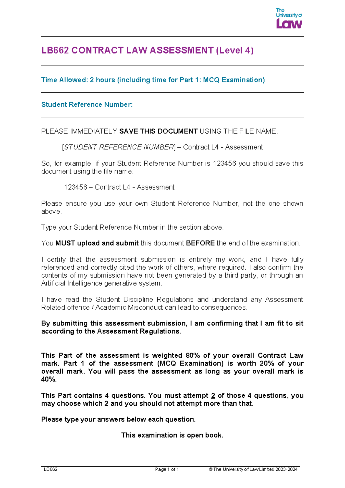LB662 Contract Law Assessment - Final Exam Instructions - Studocu