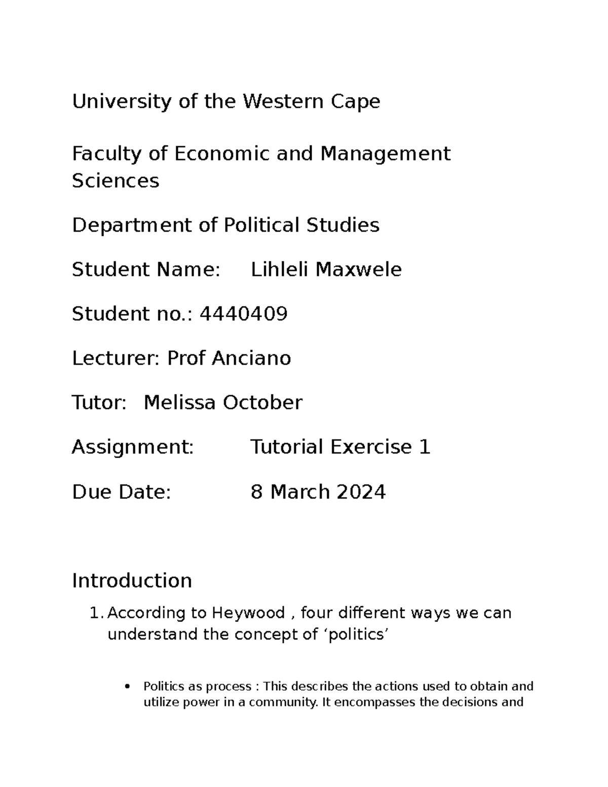 POL 131 Tutorial Exercise 1: Understanding Politics and Sovereignty ...