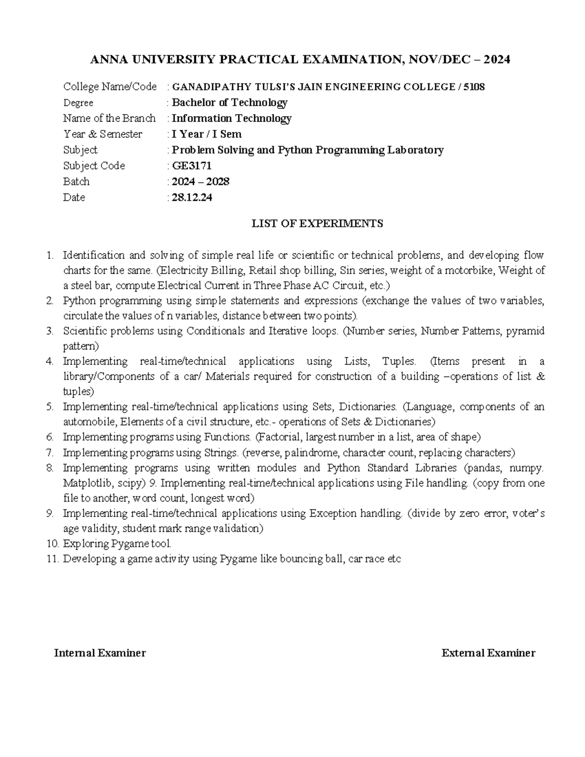 GE3171 Problem Solving & Python Programming Lab - Practical Exam 2024 ...