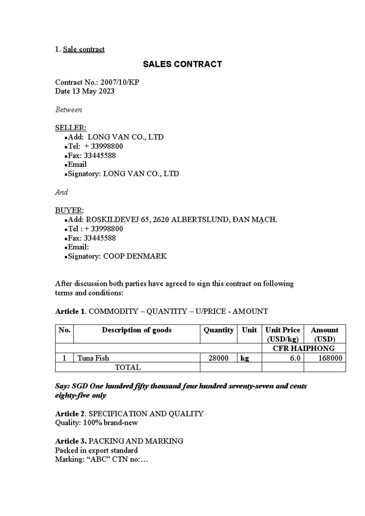 SALES CONTRACT No. 1: Tuna Fish Export Agreement - Studocu